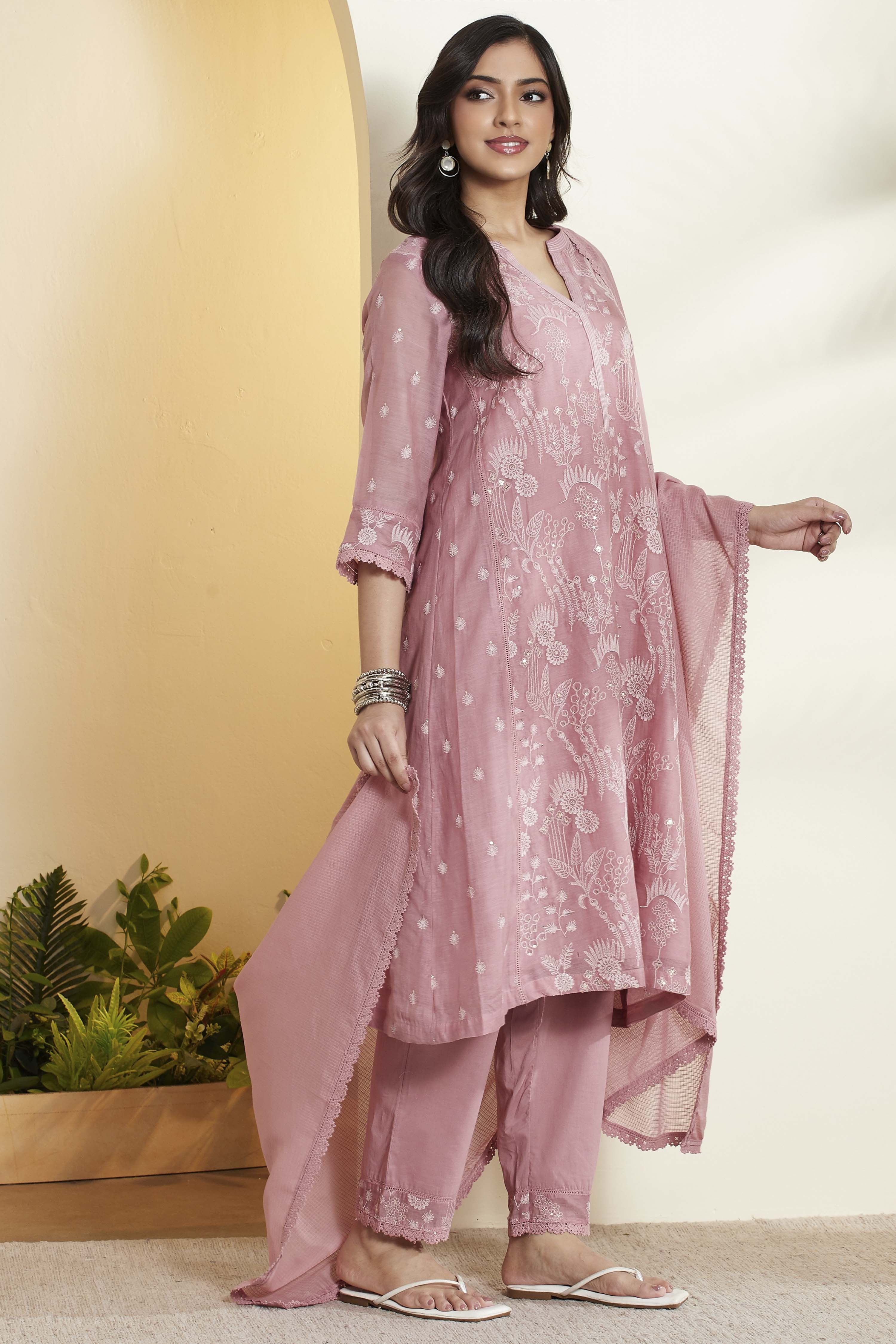 Old Rose Cotton Silk Embroidered A-Line Kurta Set image number 5