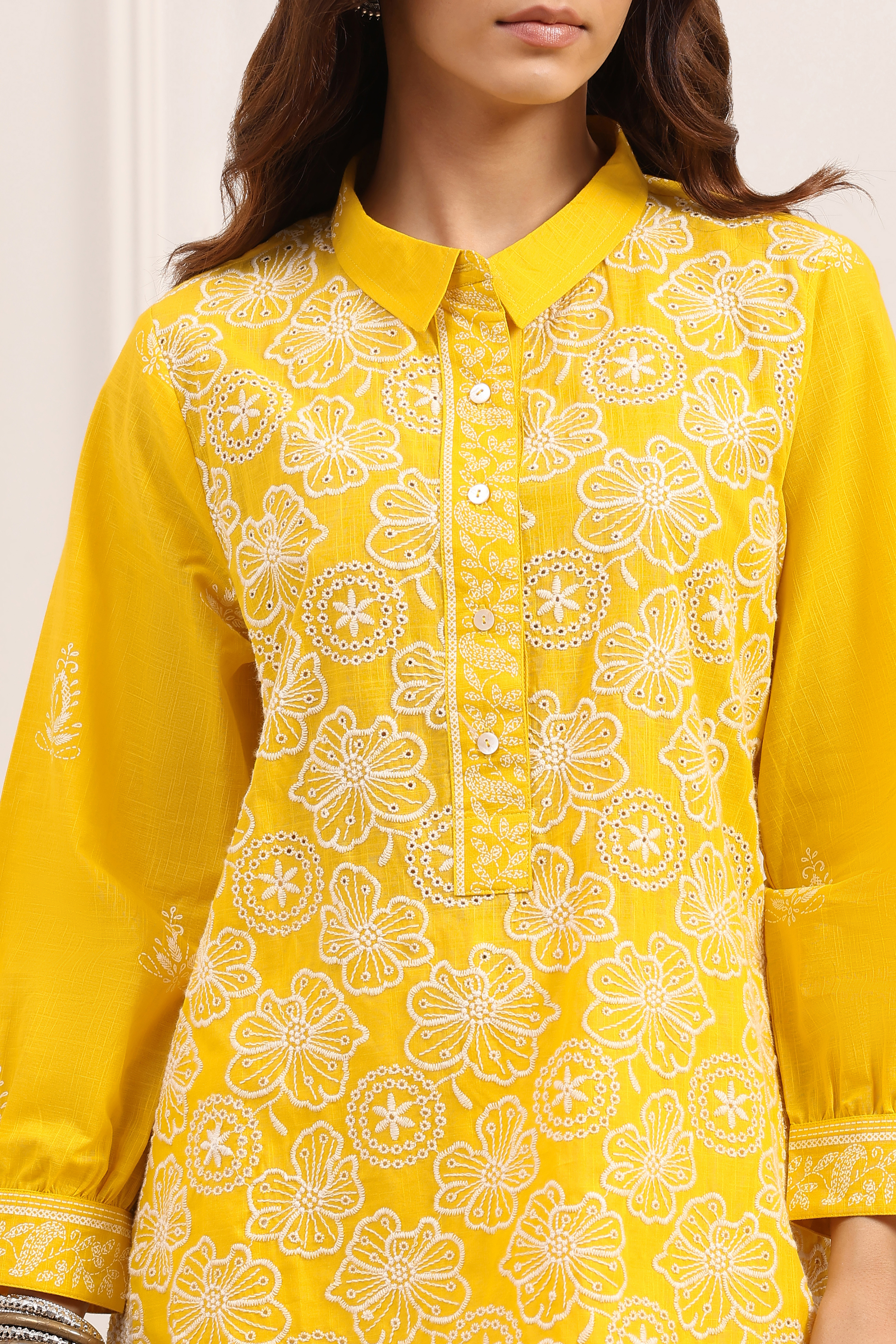 Yellow Cotton A-Line Short Kurti image number 1