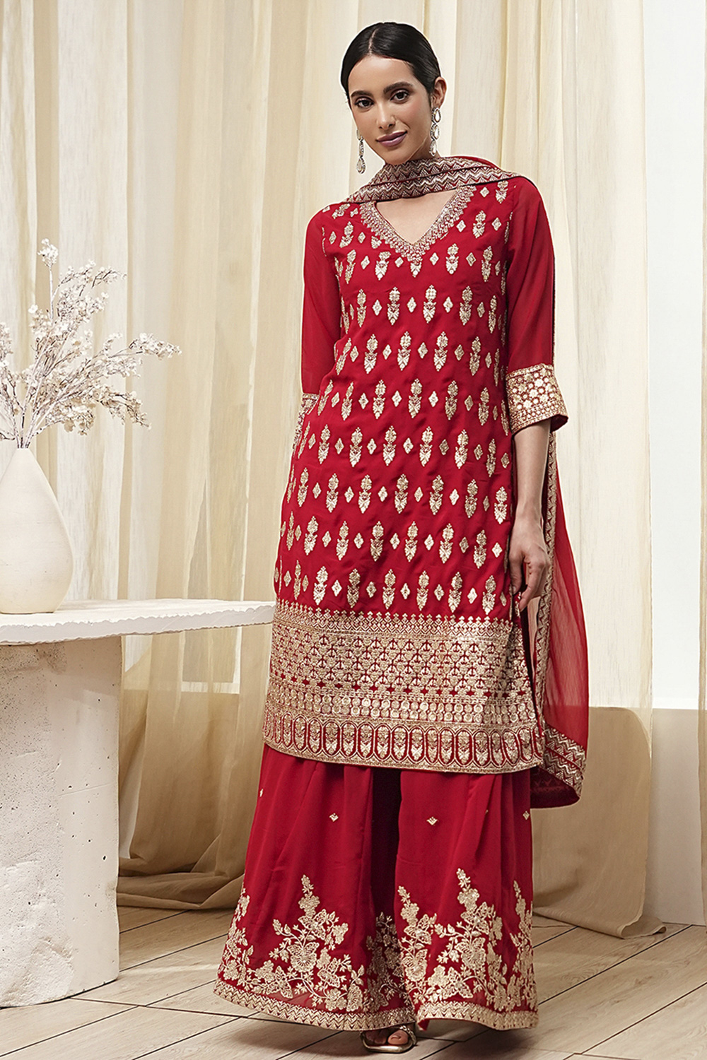 Red Embroidered Straight Suit Set image number 6