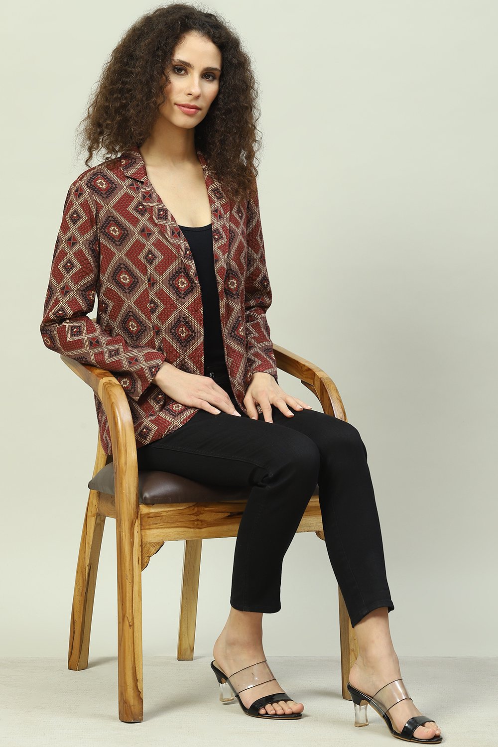 Black Viscose Straight Printed Jacket image number 5