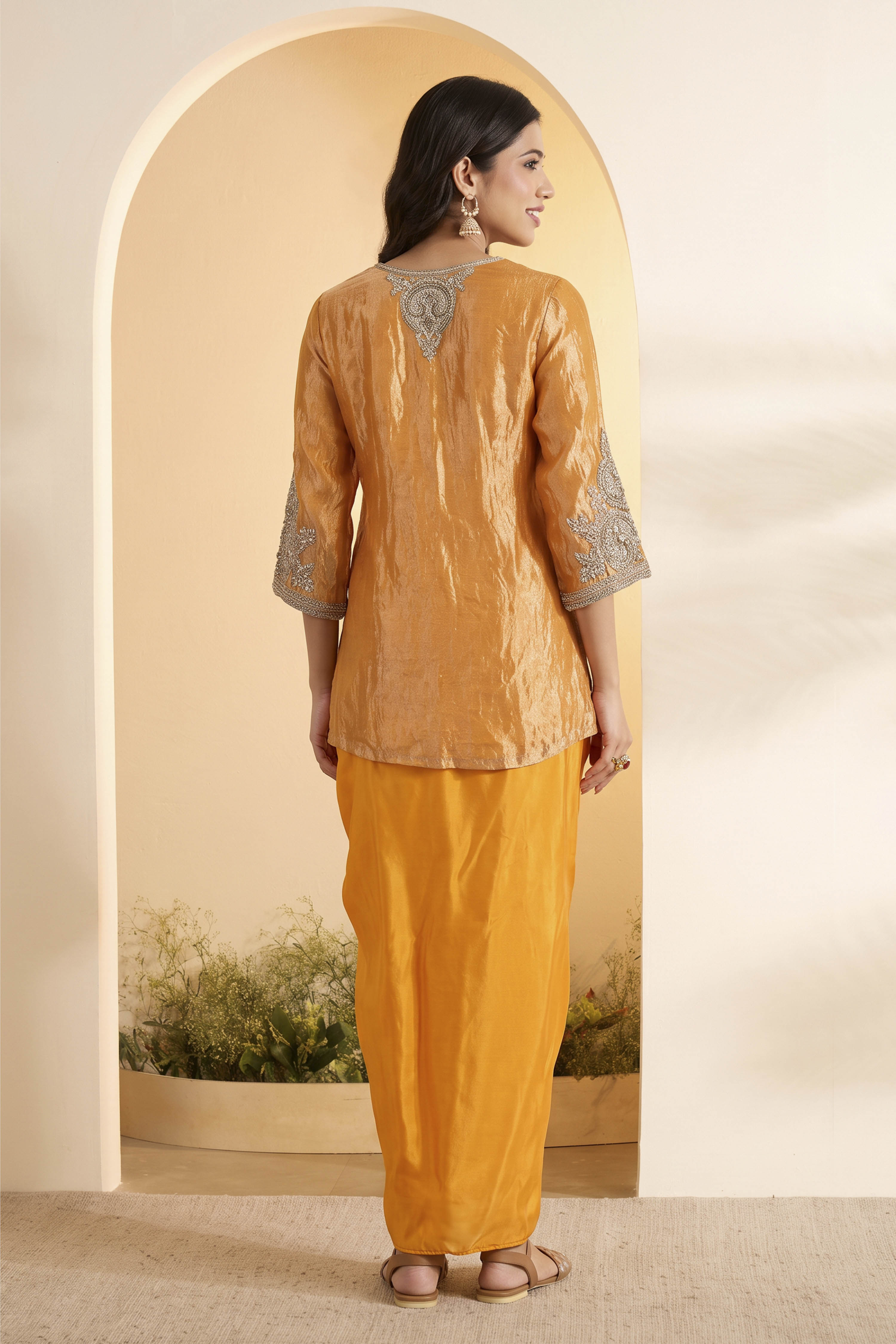 Orange Silk Tissue Embroidered Kurta with Drape Skirt image number 4