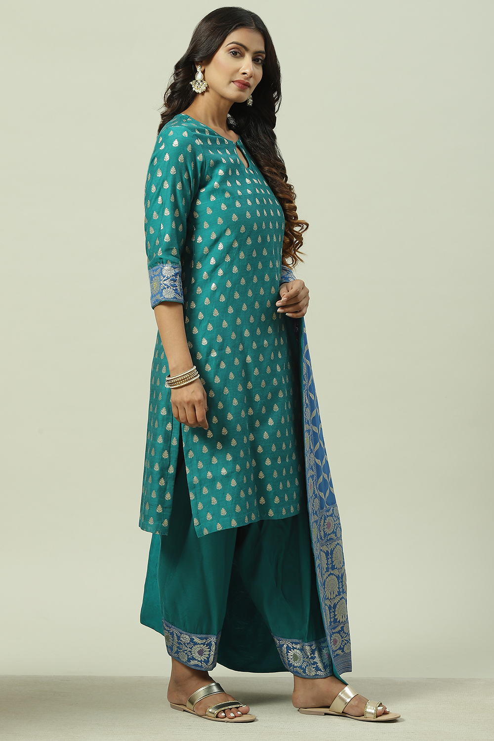 Peacock Green Art Silk Straight Kurta Salwar Suit Set image number 6
