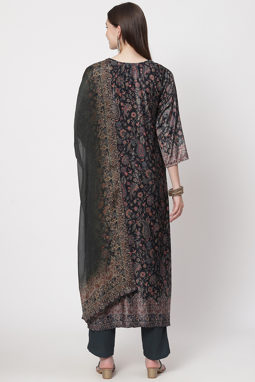 Multicolour Velvet Unstitched Suit Set image number 4