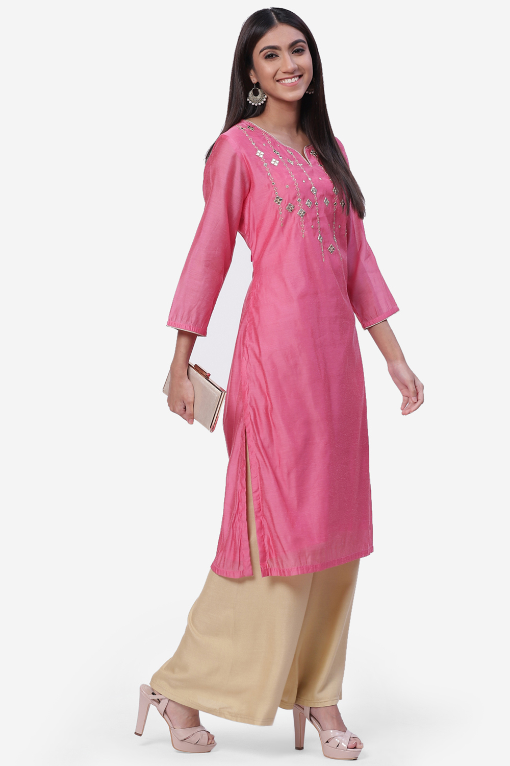 Pink Poly Cotton Kurta image number 5