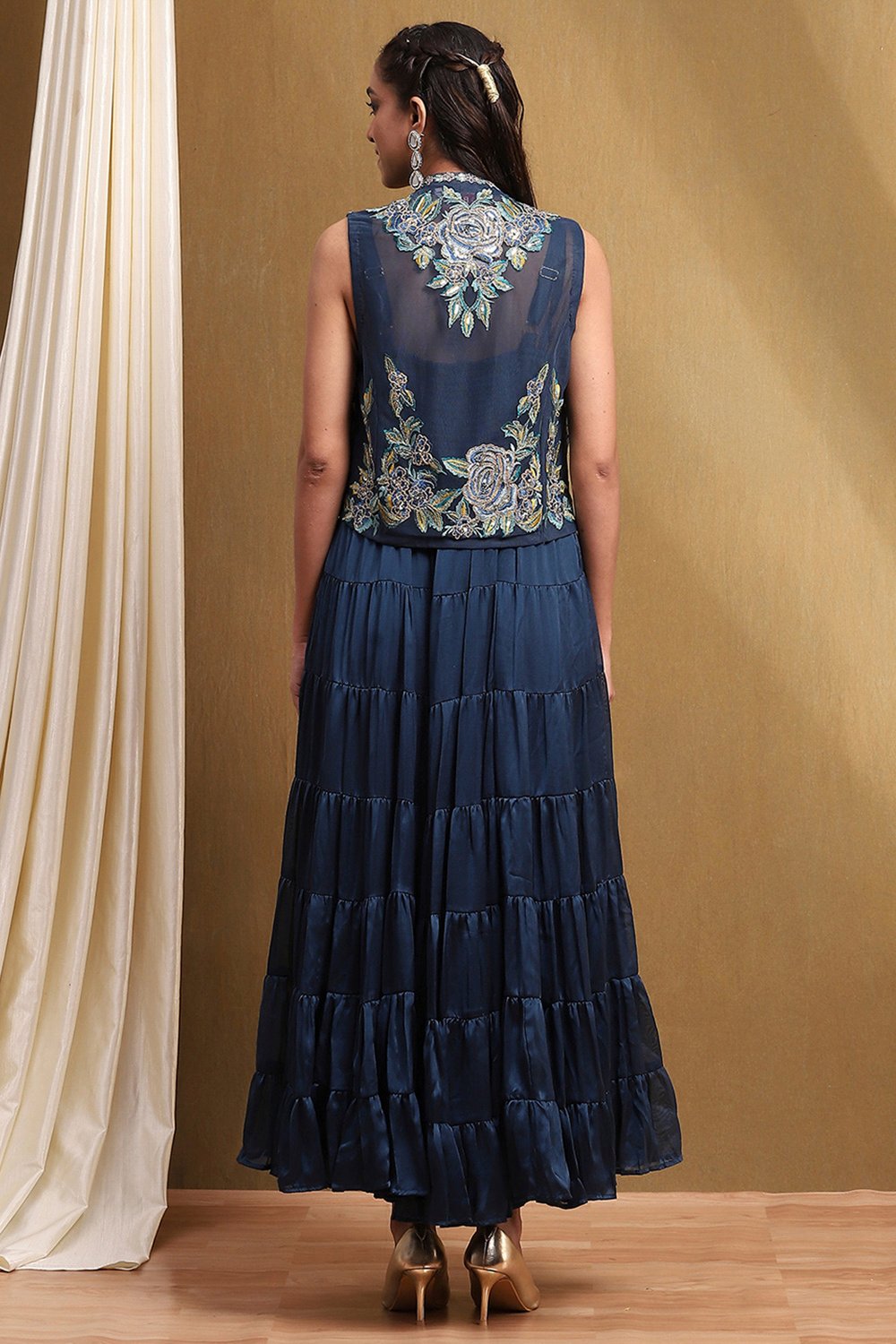 Green Georgette Festive Tiered Anarkali Dress image number 3