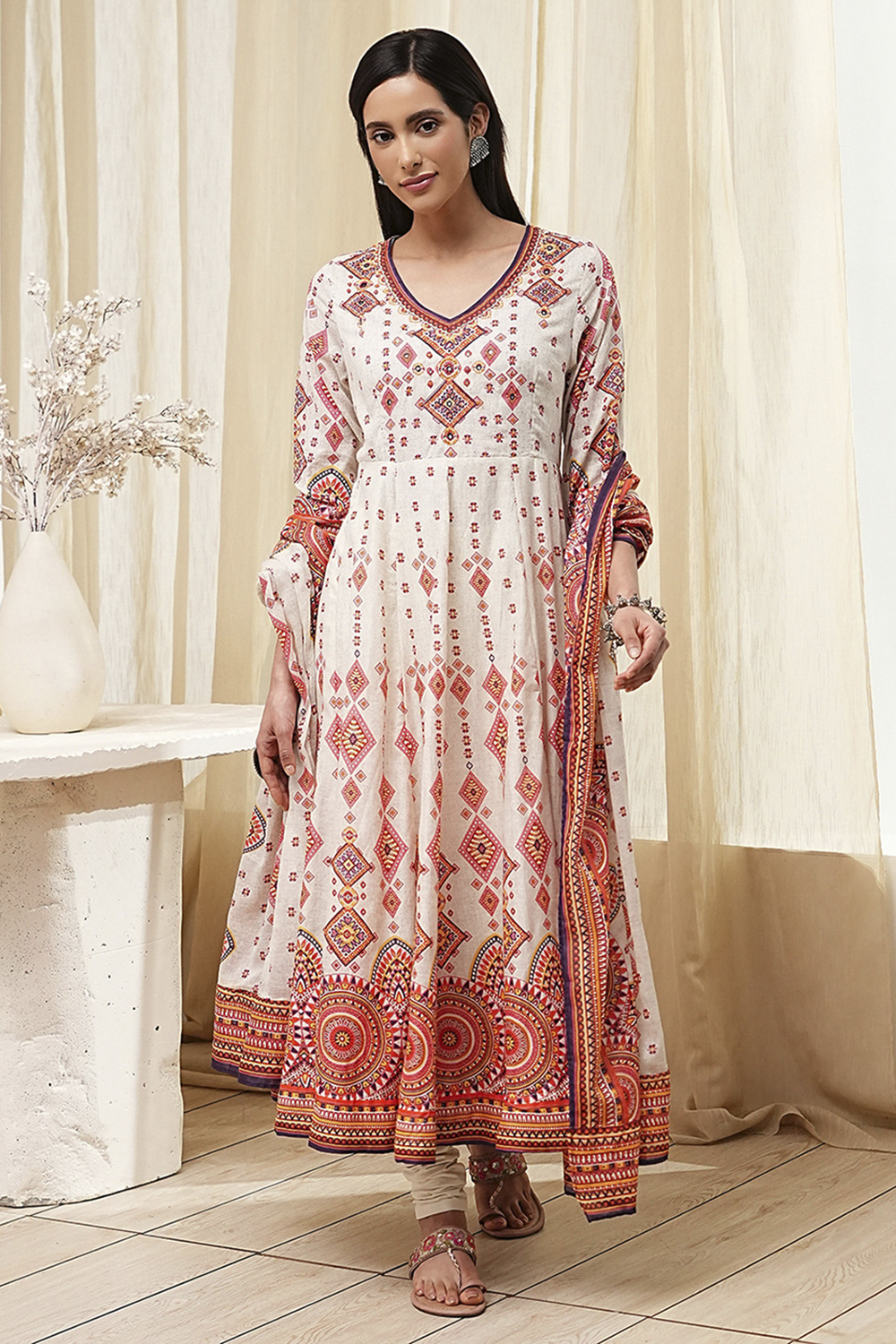 Ecru Cotton Printed Anarkali Suit Set image number 6