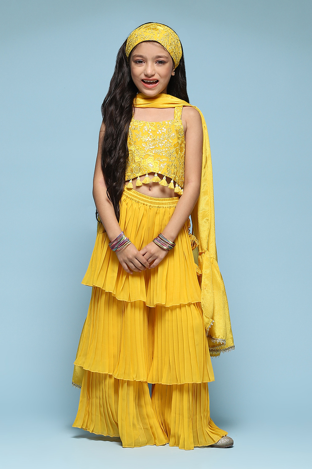 Yellow Polyester Straight Embroidered Suit Set image number 7