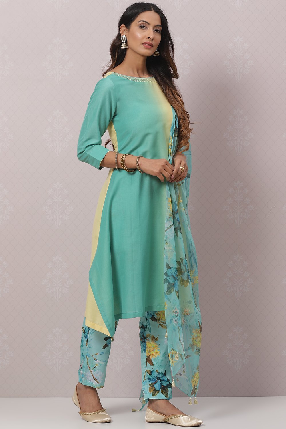 Sea Green And Pale Yellow Poly Viscose Asymmetric Kurta Pant Suit Set image number 6