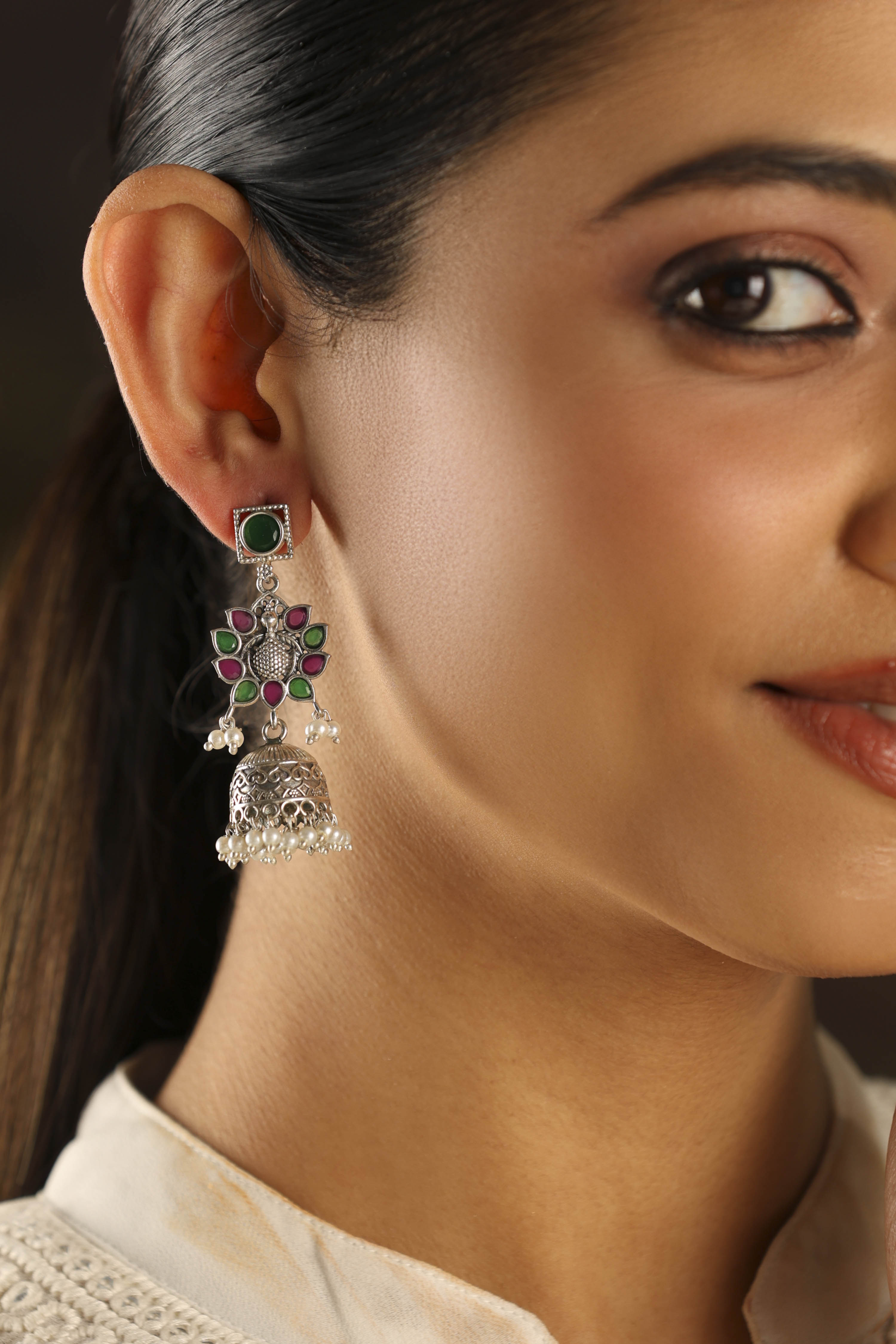 Multicolour Brass Oxidised Studded Jhumkas image number 1
