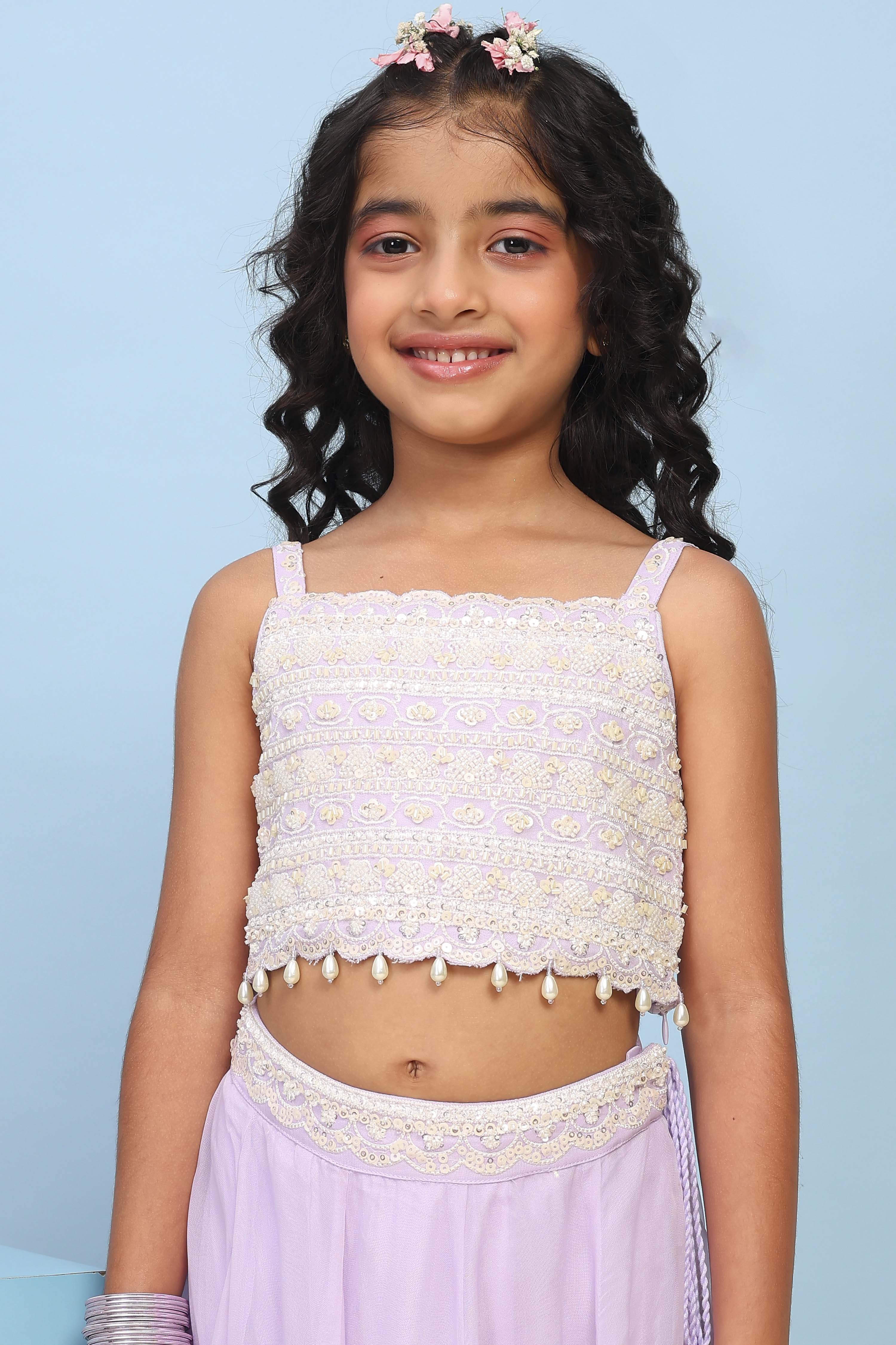 Lilac Viscose Rayon Embroidered Flared Lehenga Set image number 1