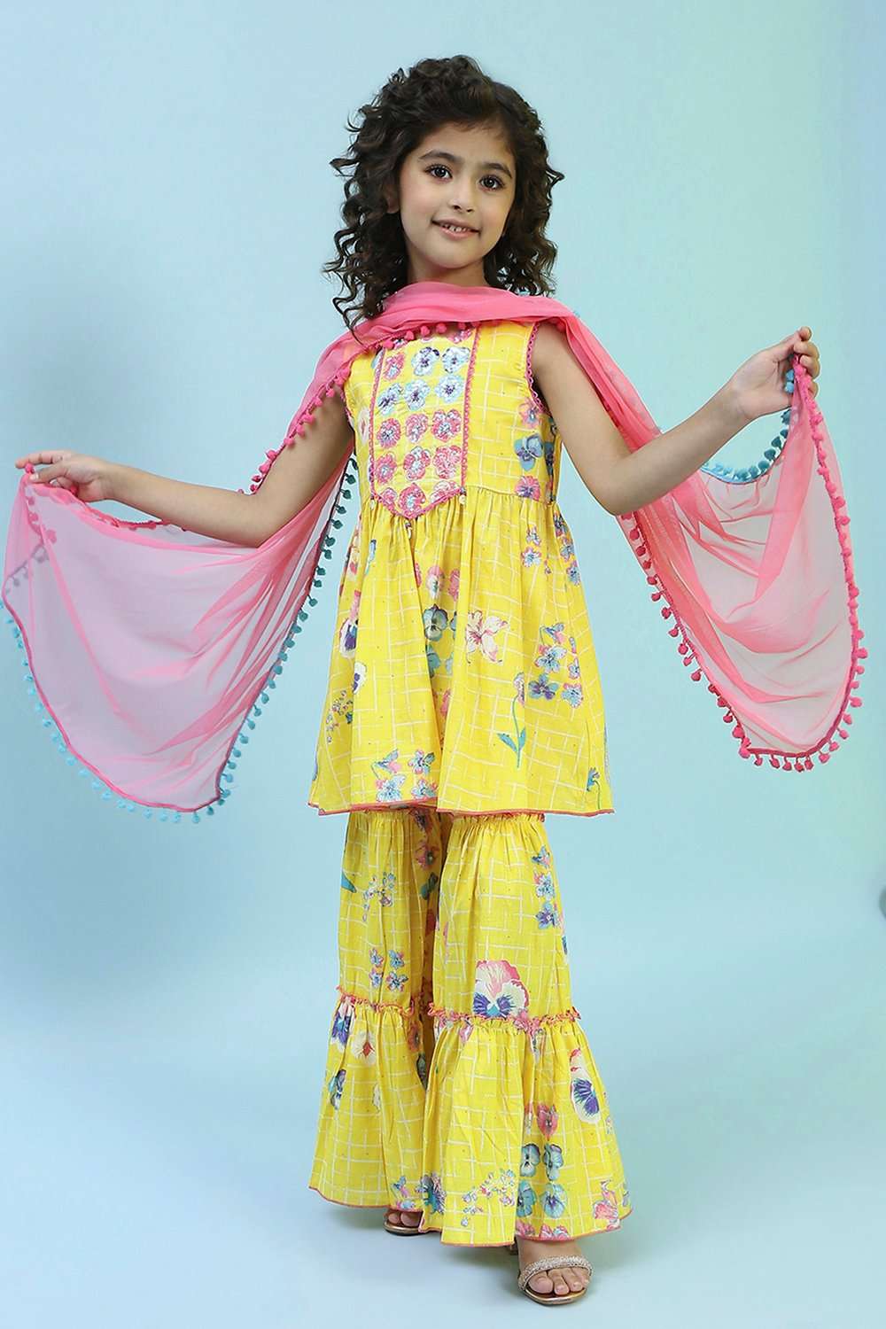 Yellow Cotton Peplum Suit Set image number 0
