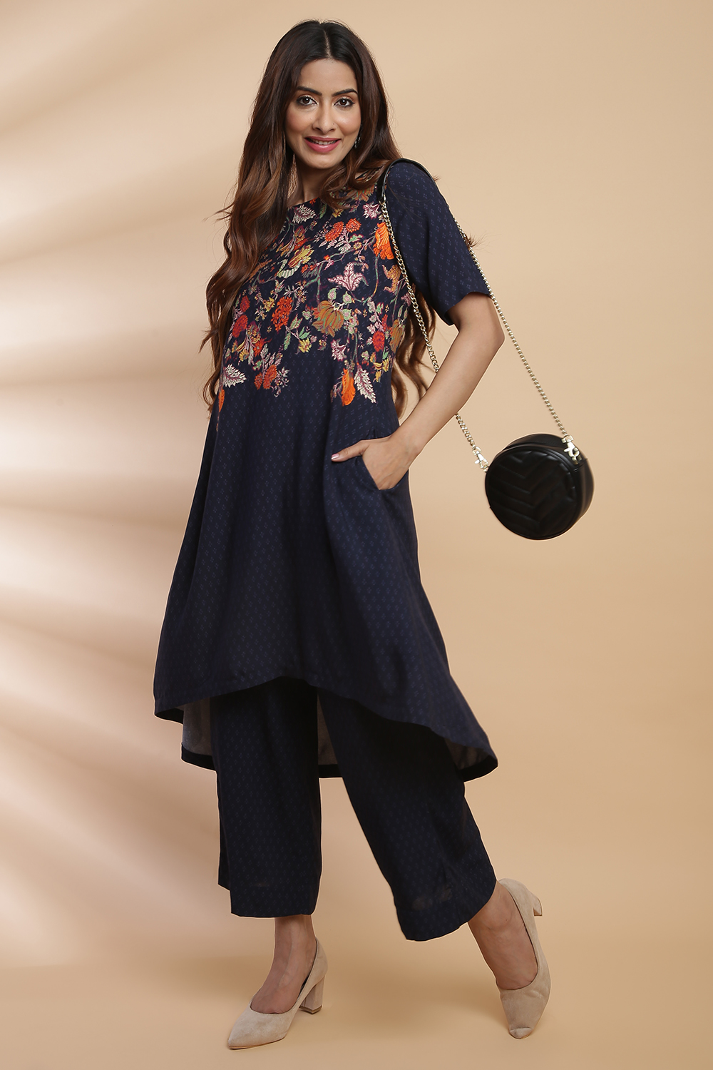 Navy Rayon Asymmetric Kurta Pants Set image number 3