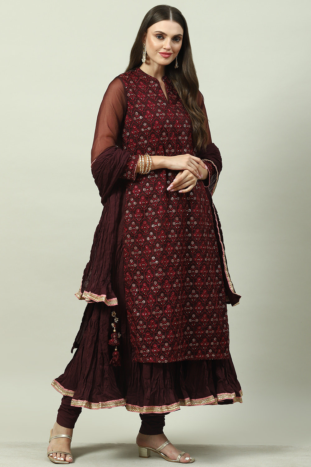 Wine Art Silk Layered Kurta Churidar Suit Set image number 7