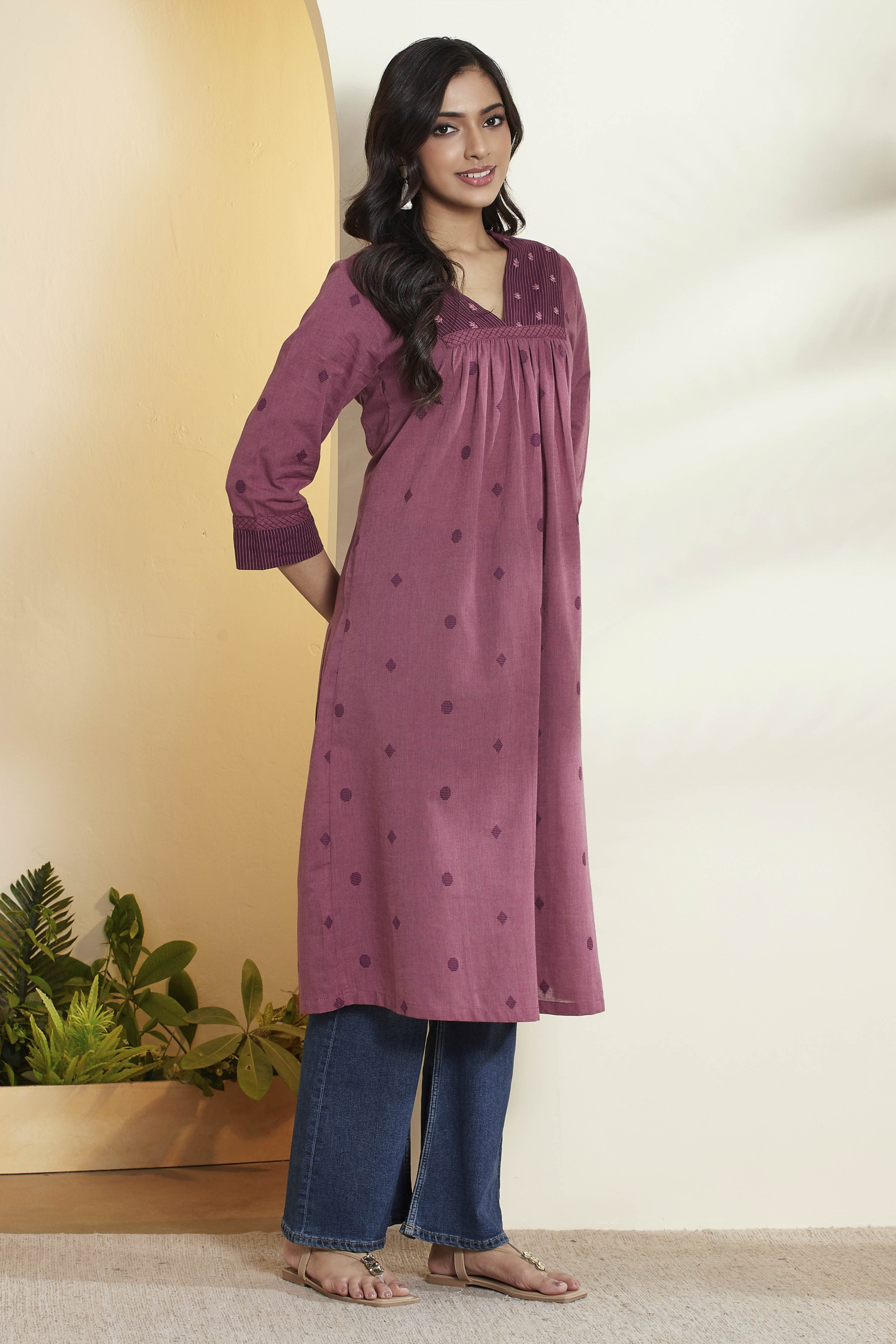 Old Rose Cotton A Line Kurta image number 4
