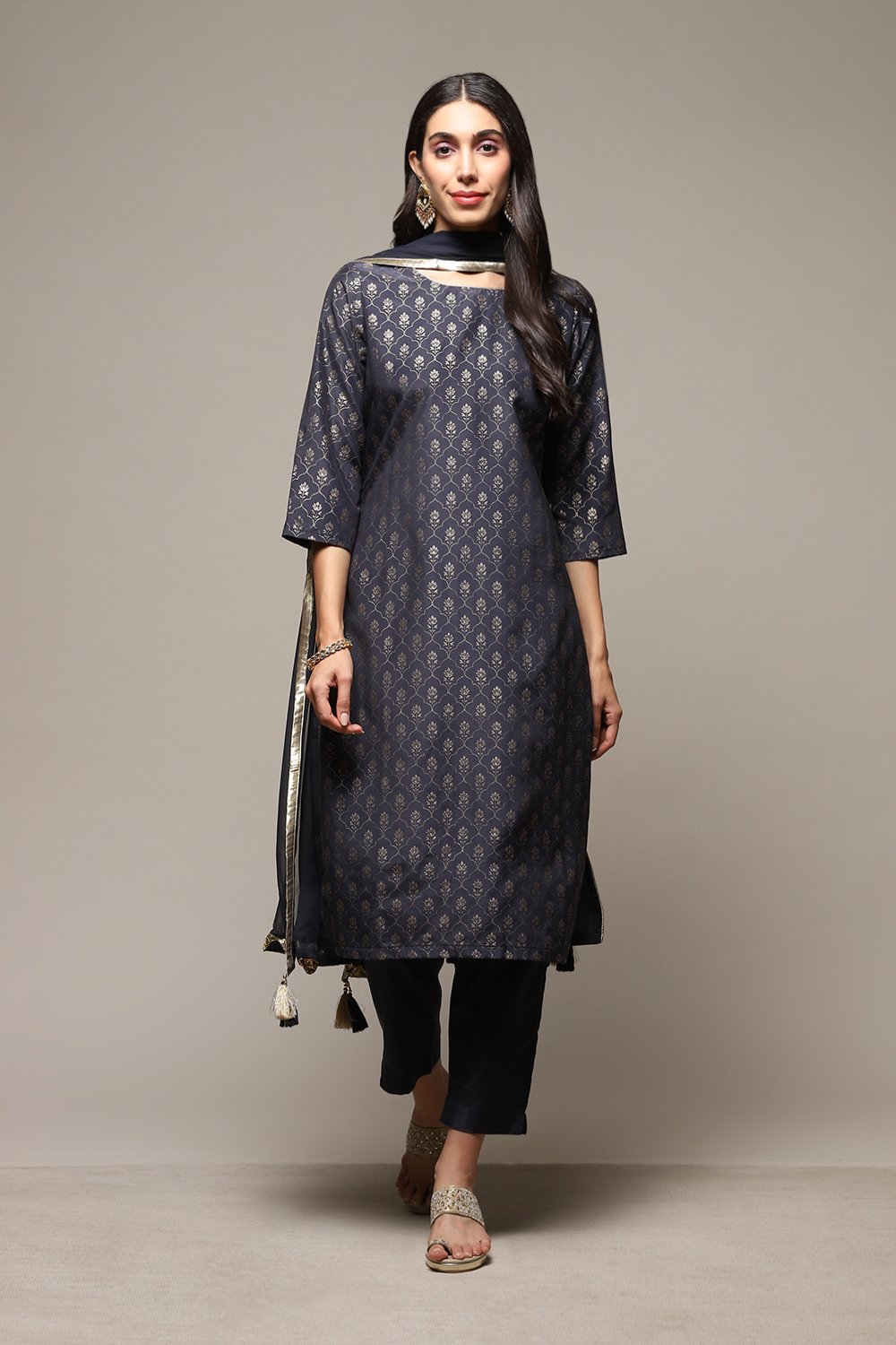 Dark Navy Art Silk Straight Kurta Slim Pants Suit Set image number 7