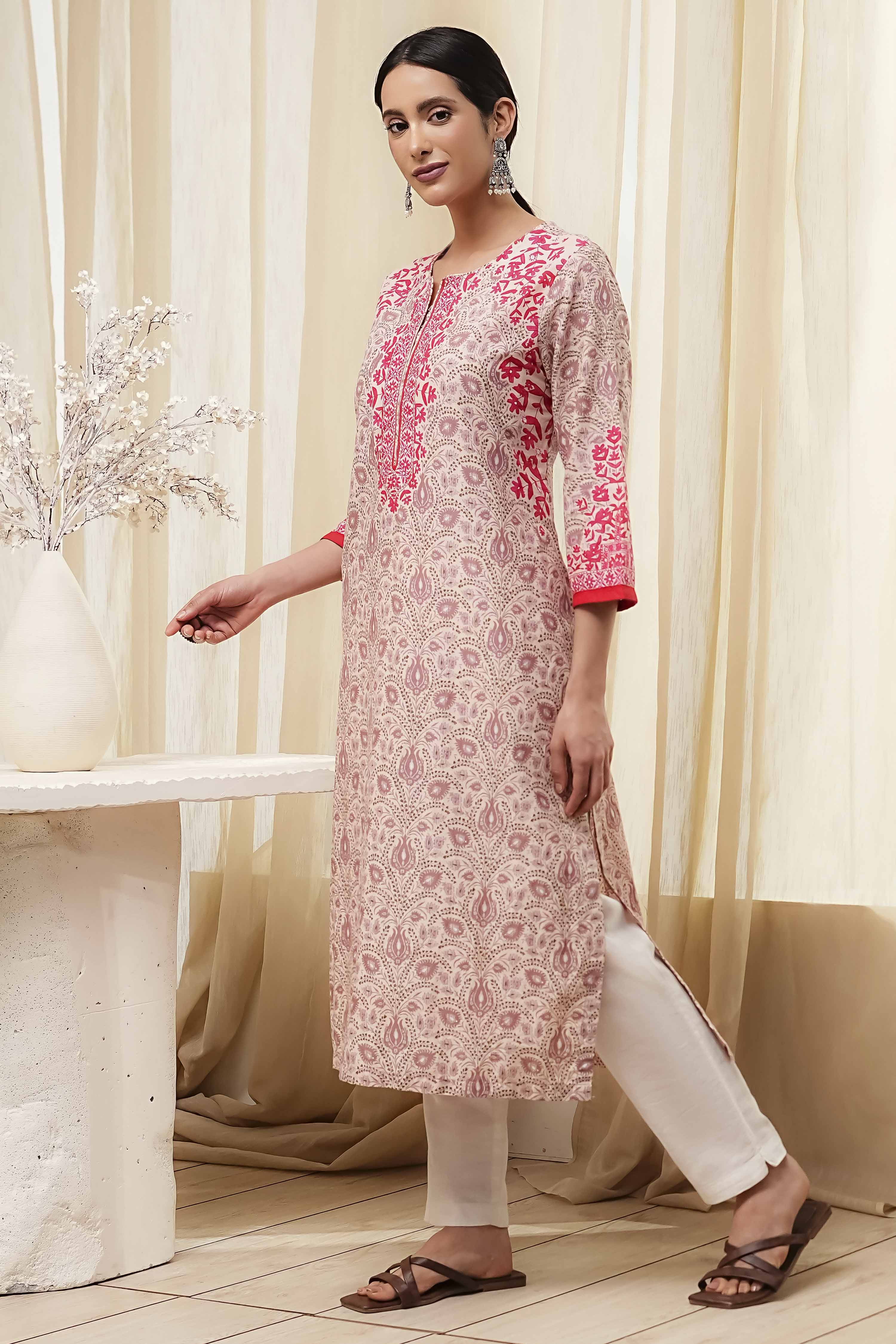 Green Cotton Printed Straight Kurta image number 2