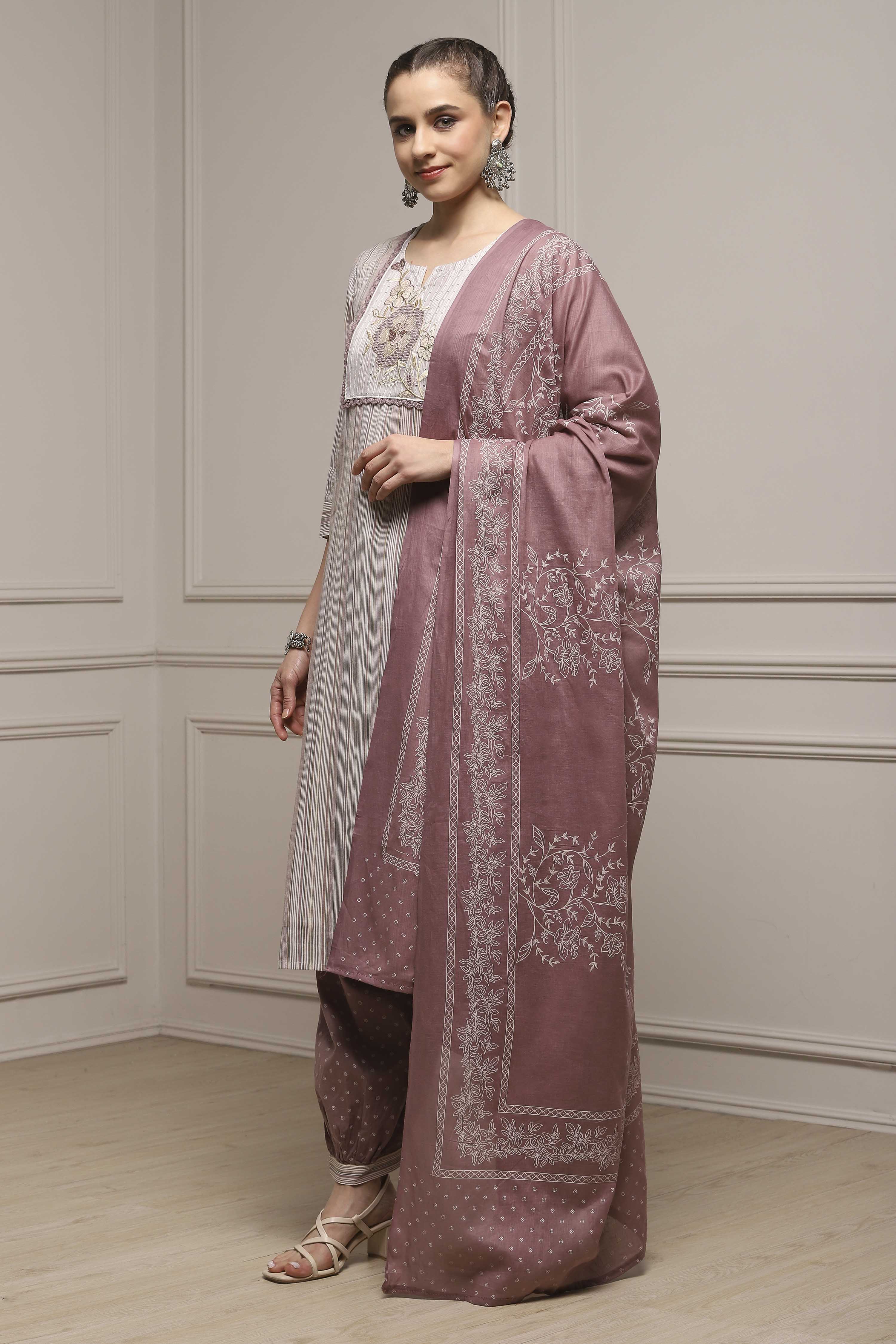 Brown Cotton Blend Printed Unstitched Suit Set image number 4