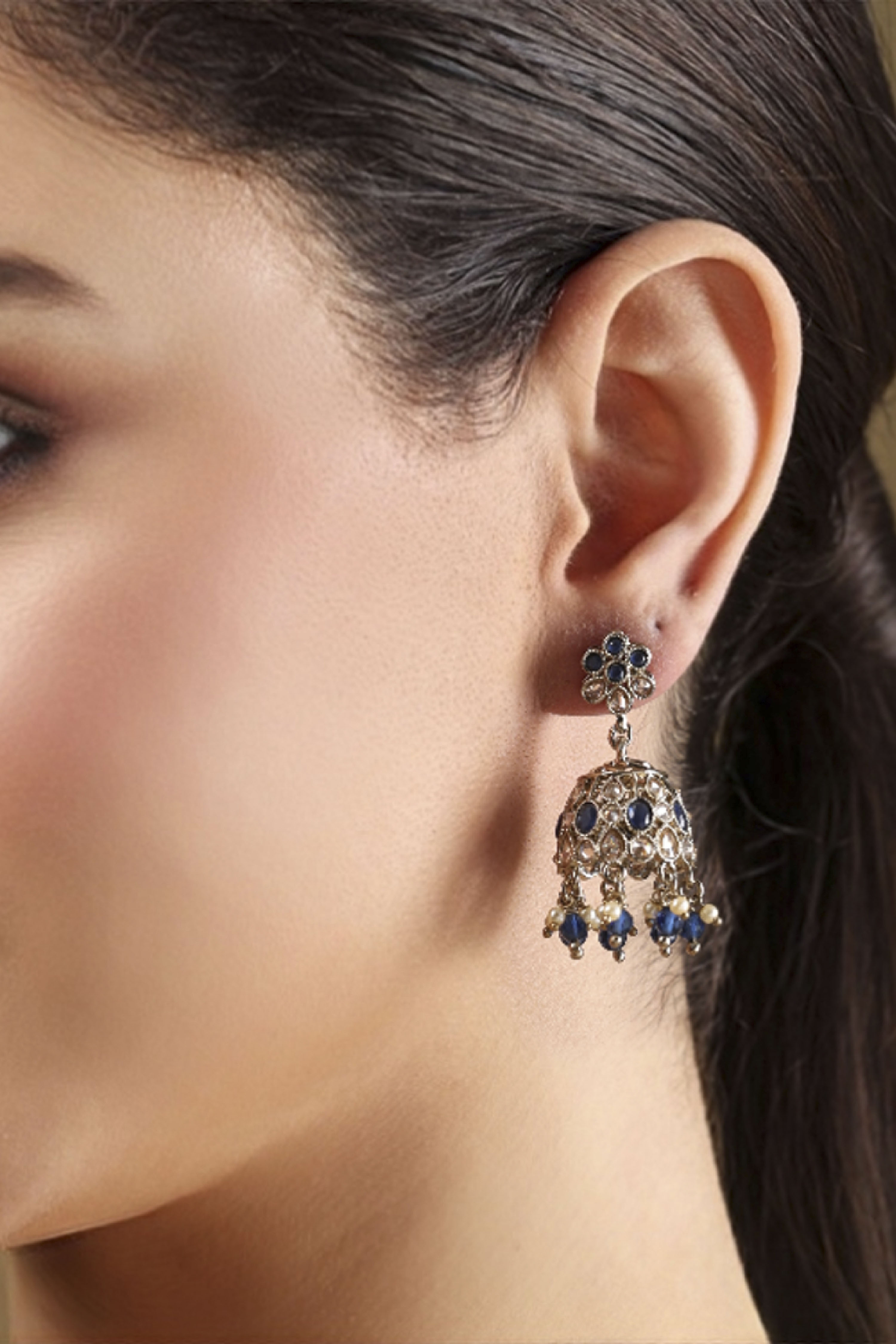 Navy Blue Gold Plated Alloy Studded Jhumkas image number 1