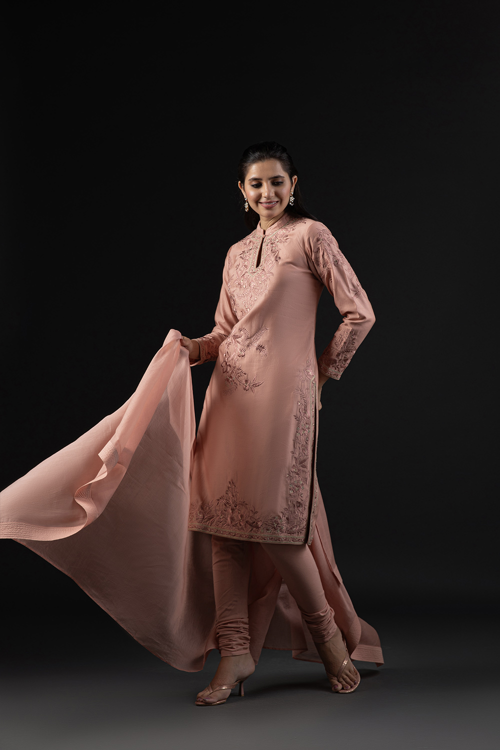 Rohit Bal Light Pink Cotton Silk Anarkali Printed Suit Set image number 9
