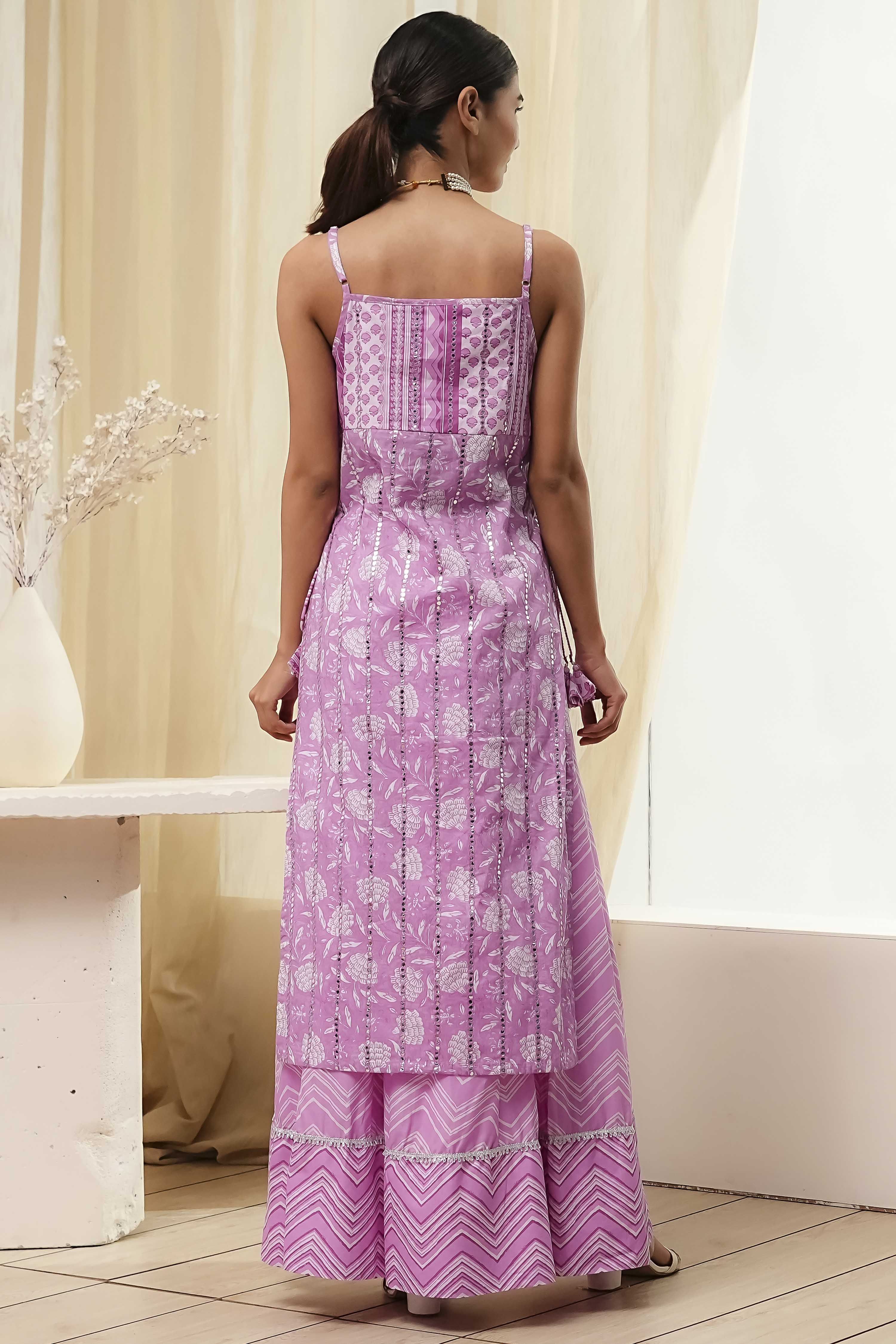 Pink Cotton Floral Strappy Straight Suit Set image number 4