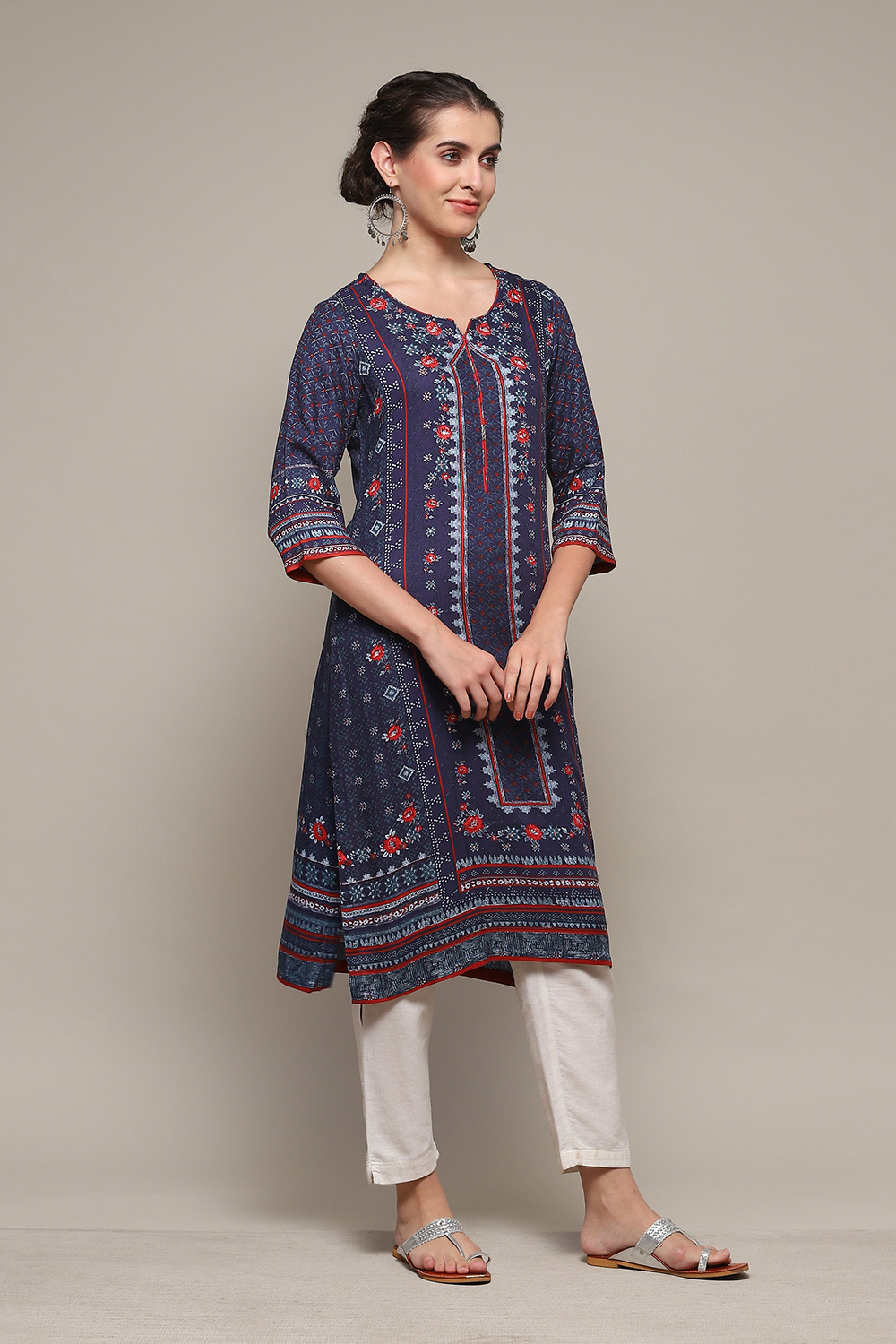 Navy LIVA Straight Printed Kurta image number 3