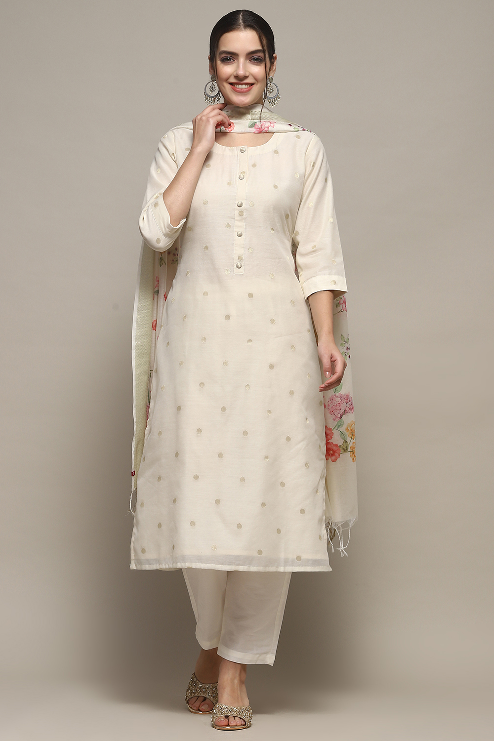 Off White Chanderi Unstitched Suit set image number 8