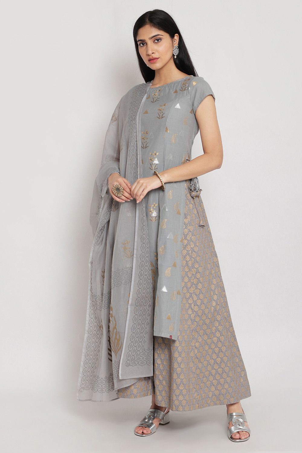 Grey Poly Metallic Cotton Straight Kurta Sharara Suit Set image number 2