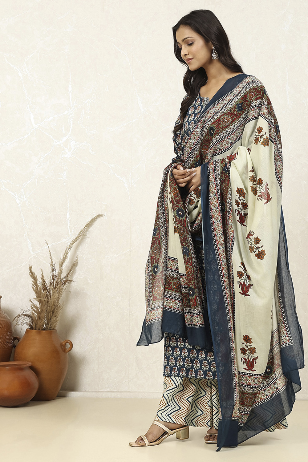 Dark Blue Cotton Printed Unstitched Suit Set image number 4