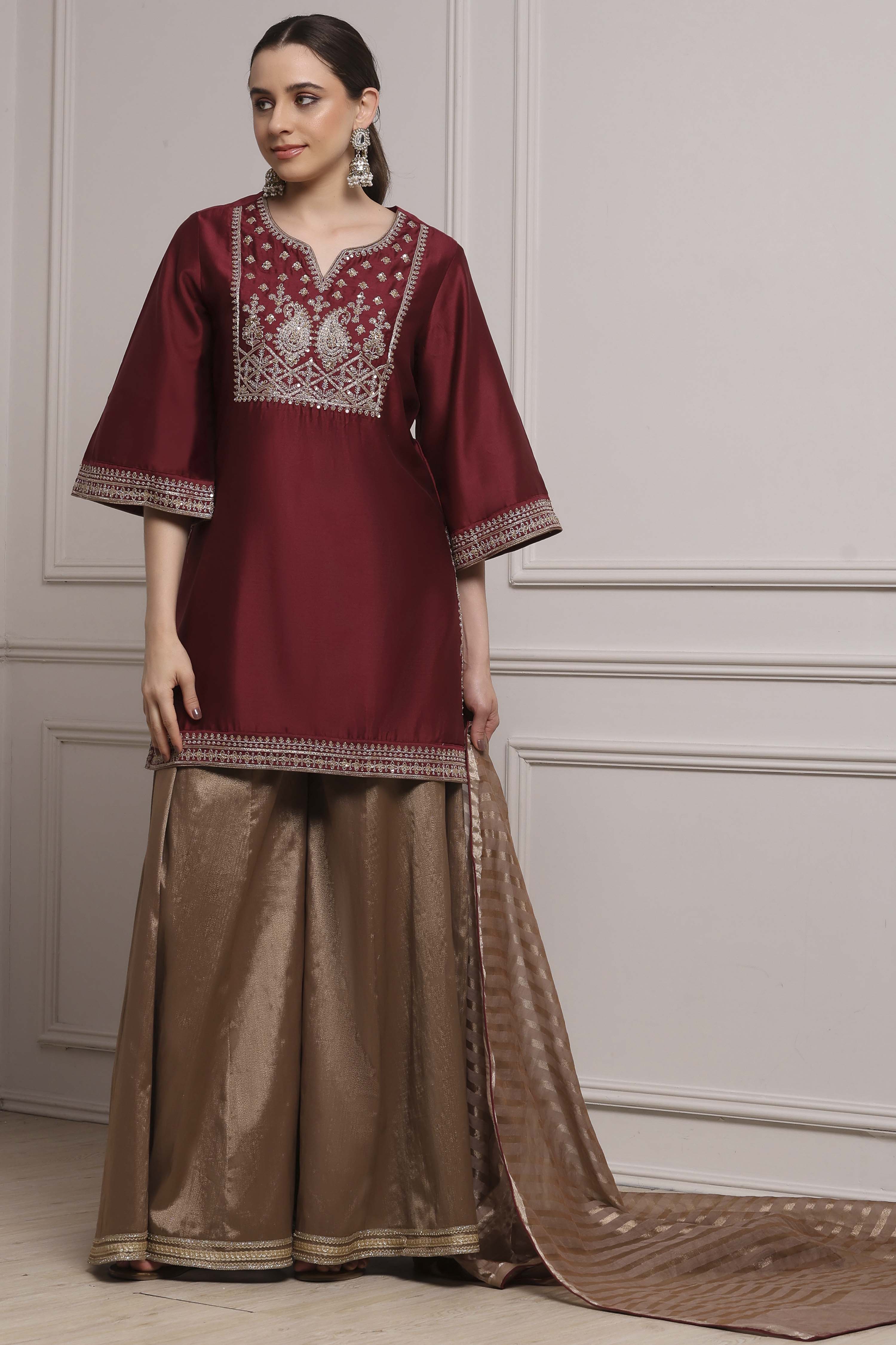Maroon and Gold-Toned Cotton Silk Blend Sharara Suit Set image number 6