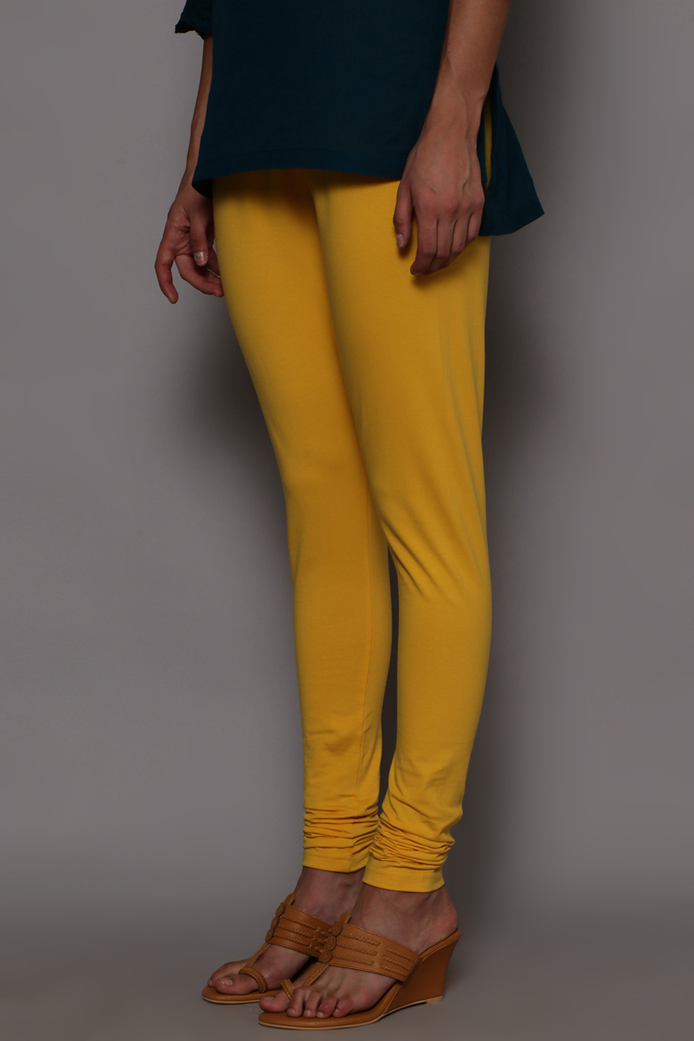 Dark Yellow Cotton Lycra Knitted Churidar image number 1