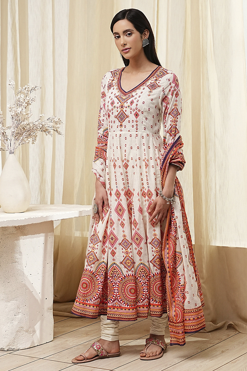 Ecru Cotton Printed Anarkali Suit Set image number 3