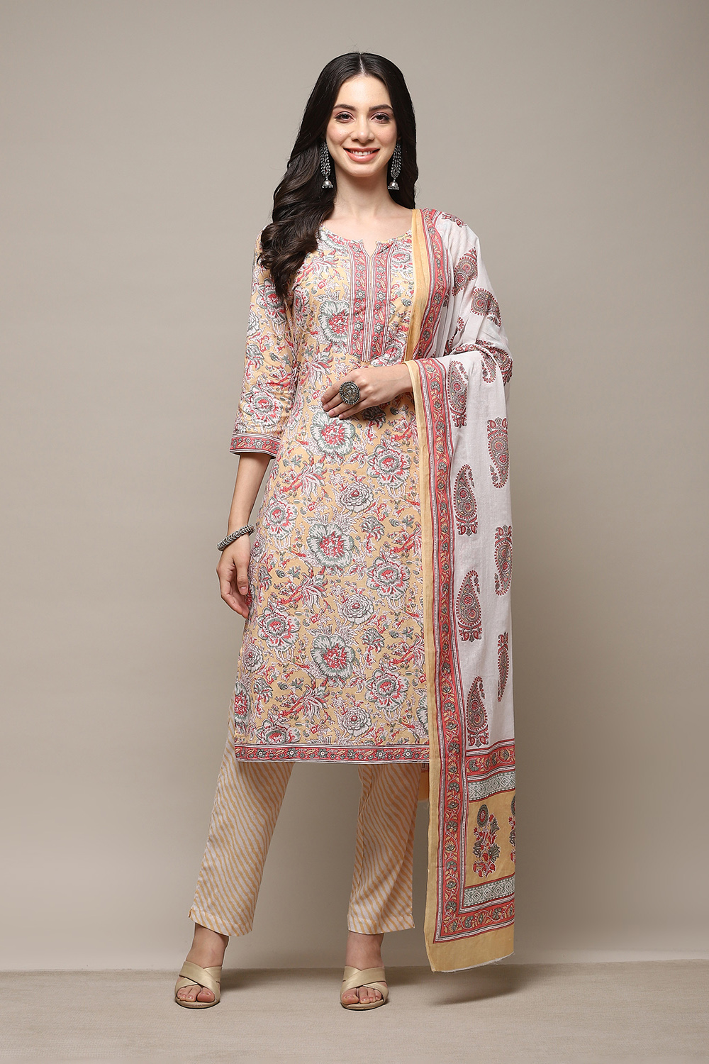 Dull Yellow Cotton Handloom Unstitched Suit Set image number 8