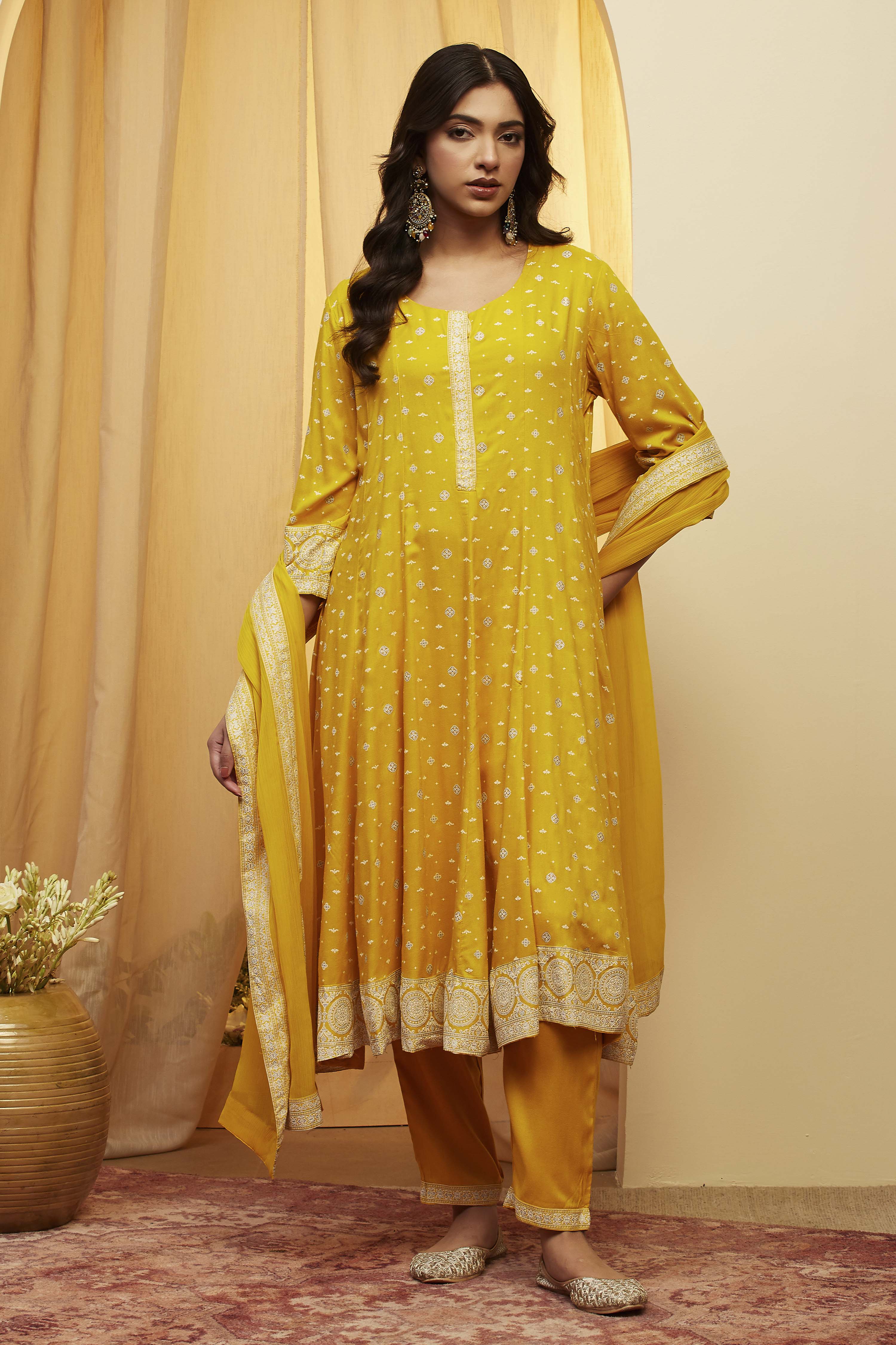 Yellow Viscose Rayon Kalidar Suit Set image number 6