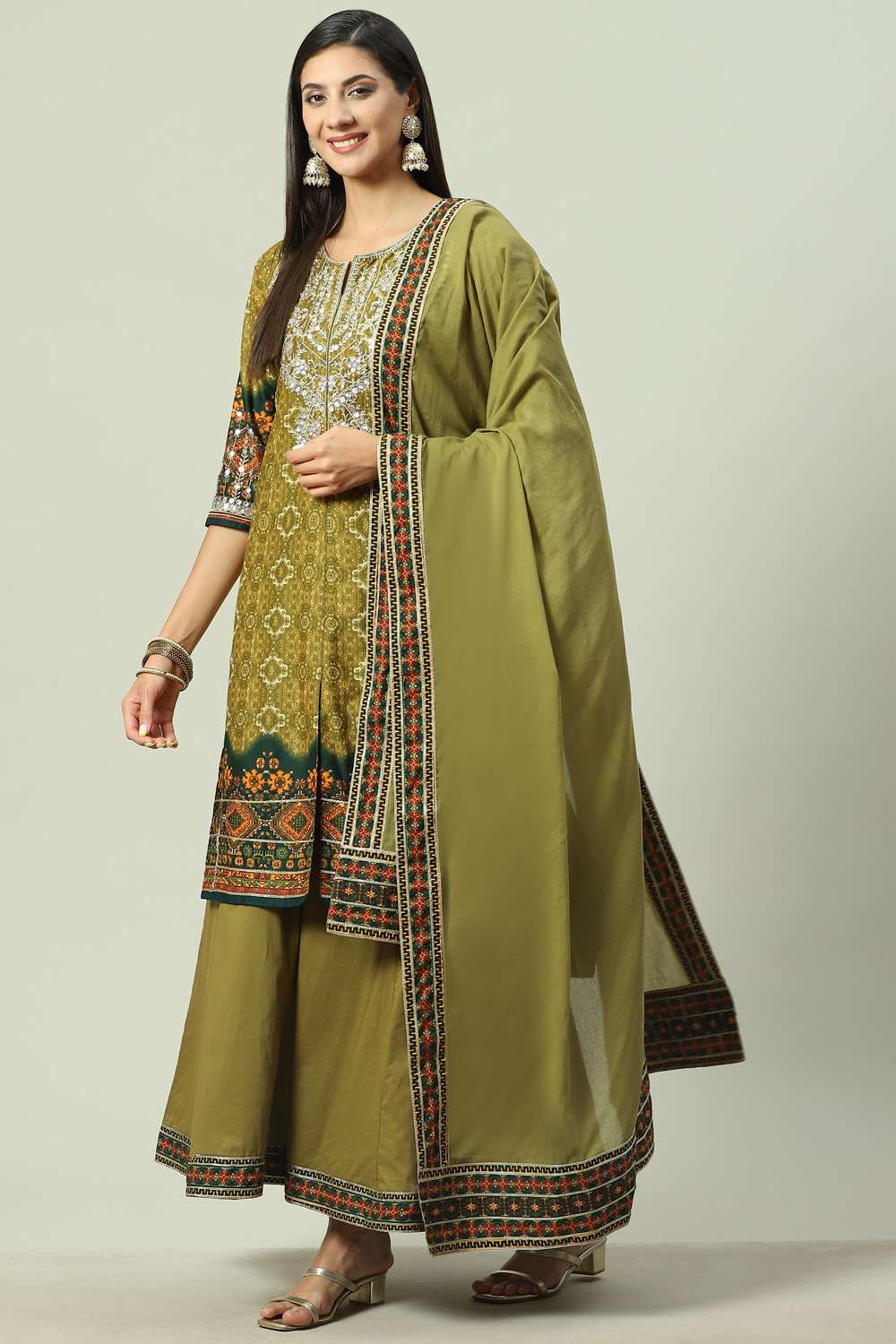 Olive Green Cotton Straight Kurta Sharara Suit Set image number 0