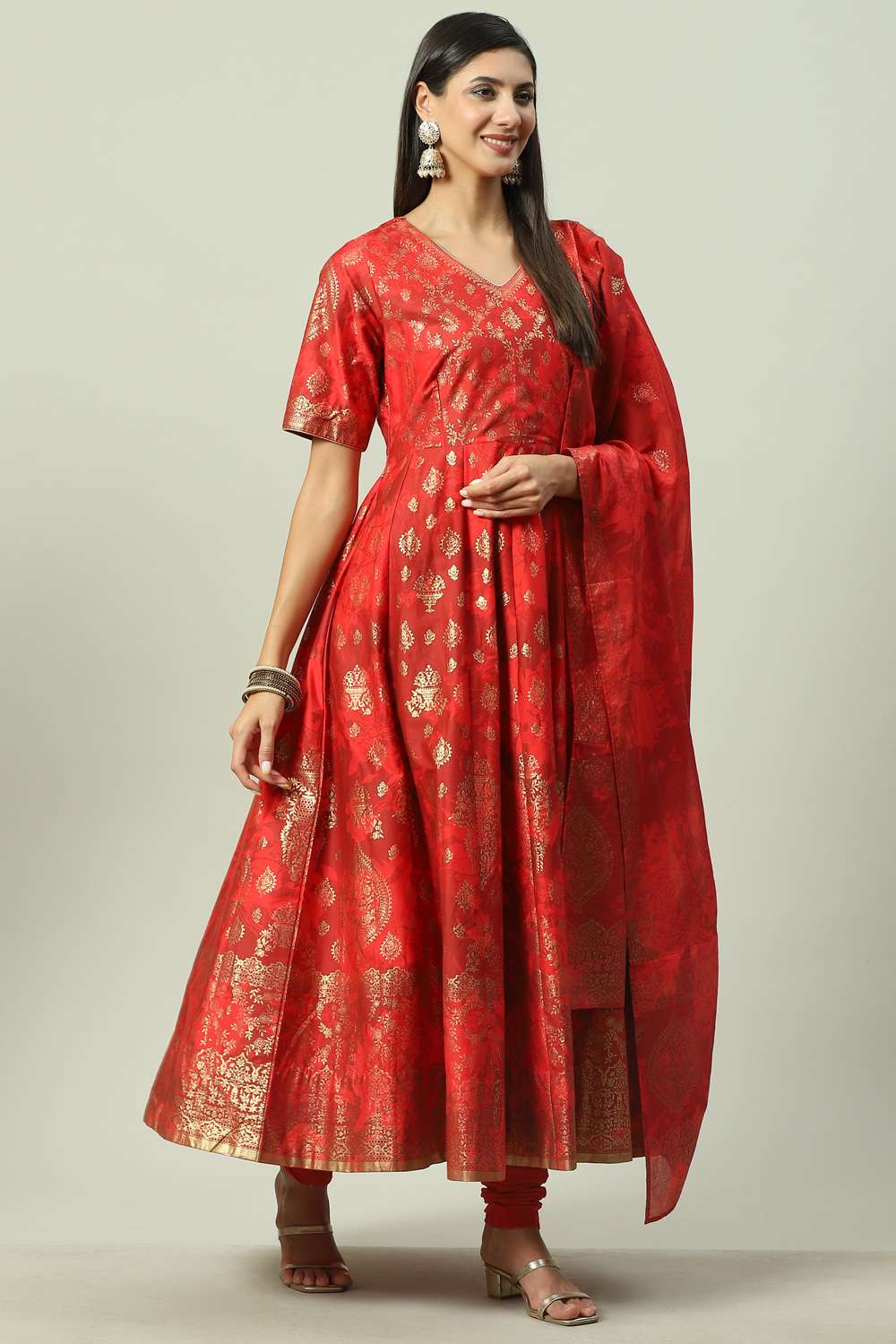 Red Anarkali Kurta Churidar Suit Set image number 5