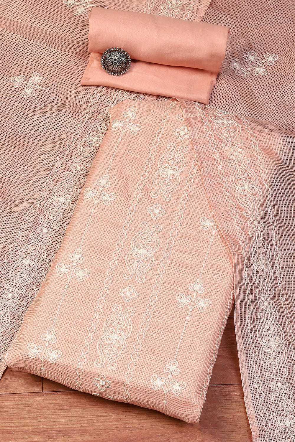 Peach Cotton Blend Printed Unstitched Suit Set image number 0