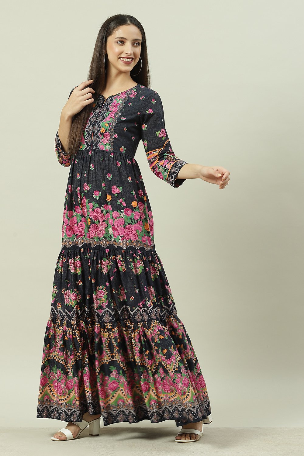 Black Cotton Flared Fusion Printed Dress image number 3