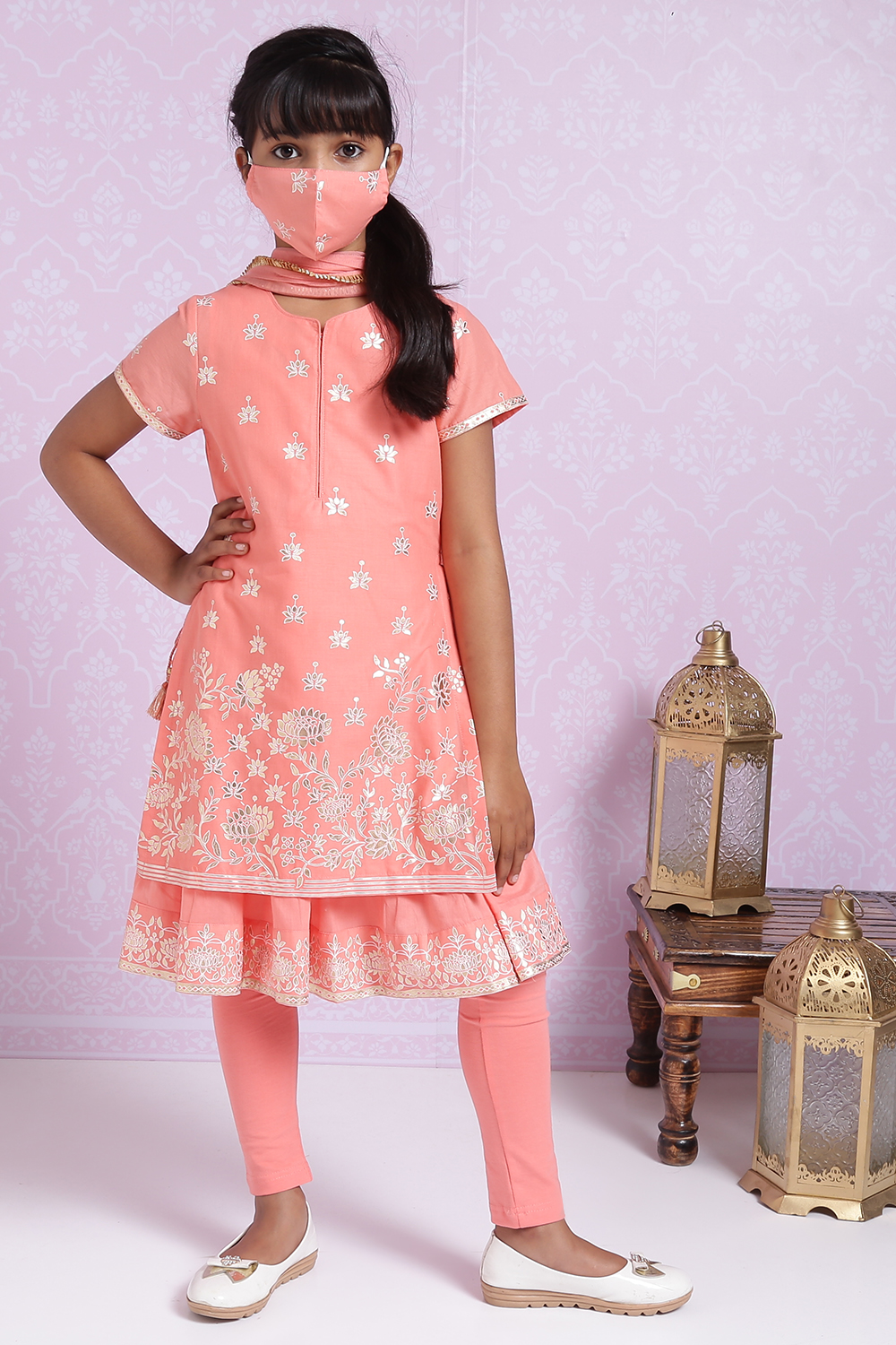 Peach Cotton Double Layered Kurta Churidar Suit Set image number 3