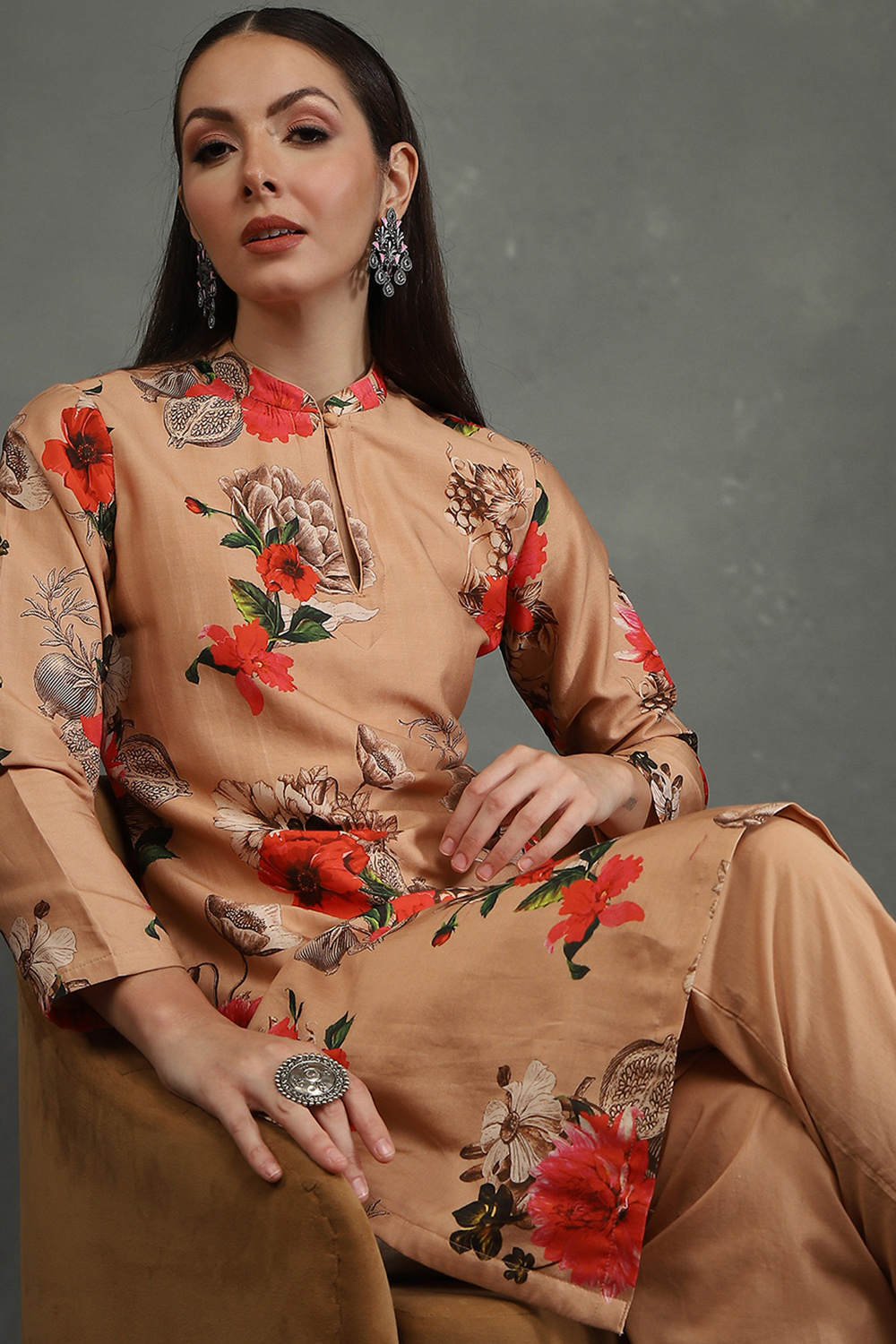 Rohit Bal Peach-Toned Silk Chanderi Floral Printed Straight Kurta Set image number 0