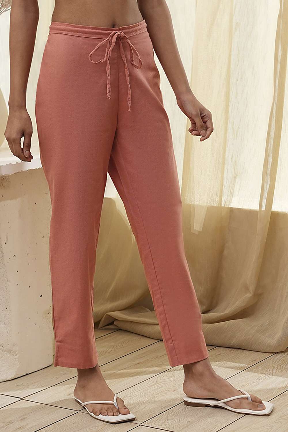 Rust Cotton Solid Regular Pants image number 3