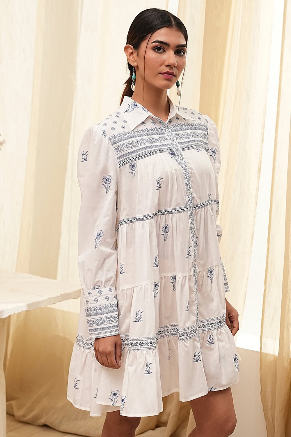 Off-White and Blue Cotton Floral Tiered Dress image number 1
