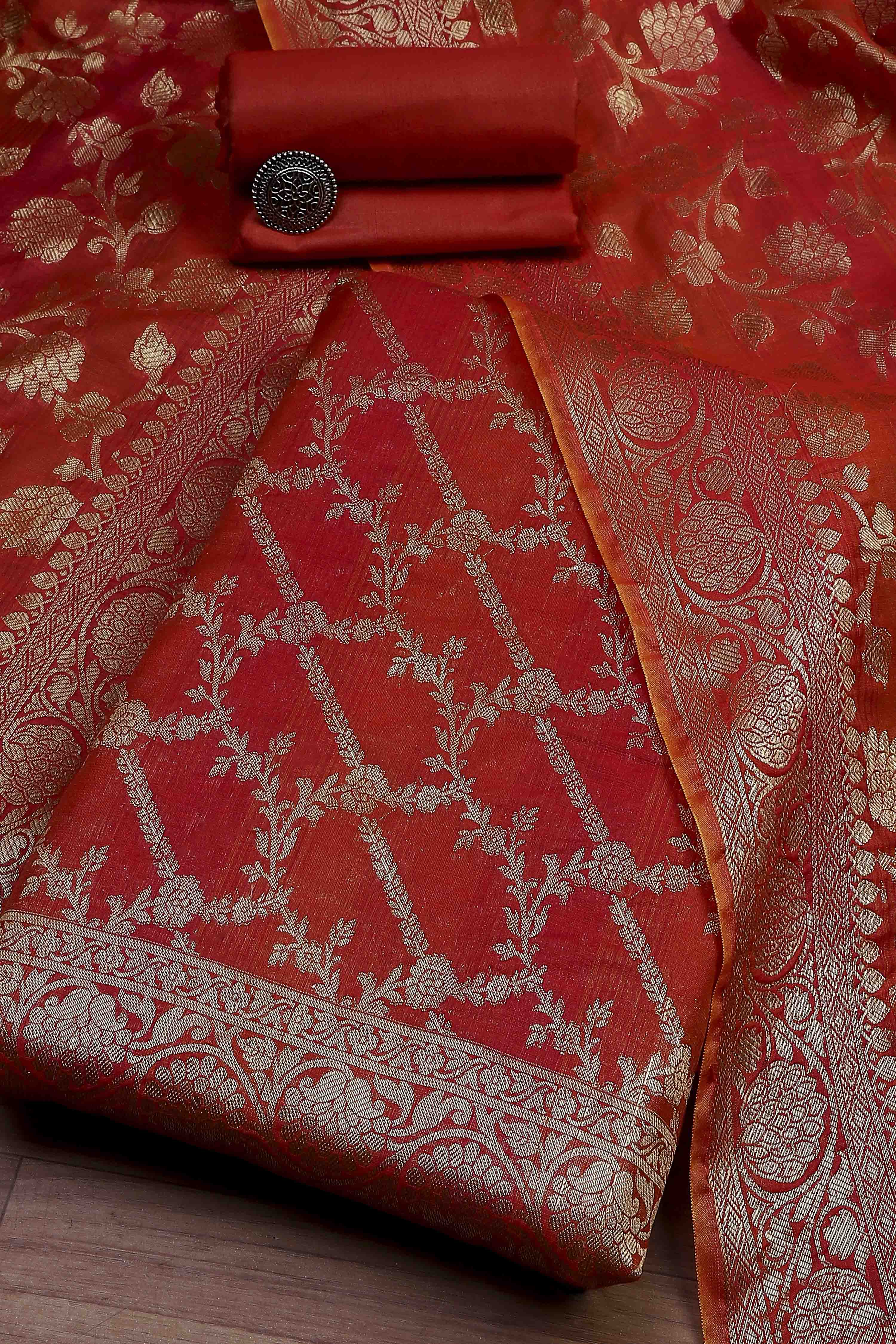 Rust Cotton Printed Embroidered Unstitched Suit Set image number 0