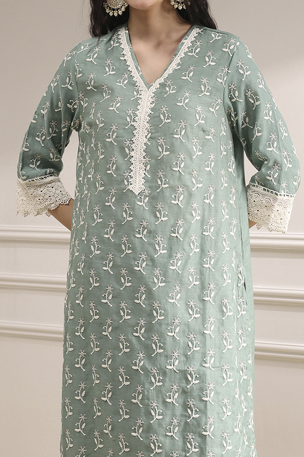 Sap Green Chanderi Straight Suit Set image number 1