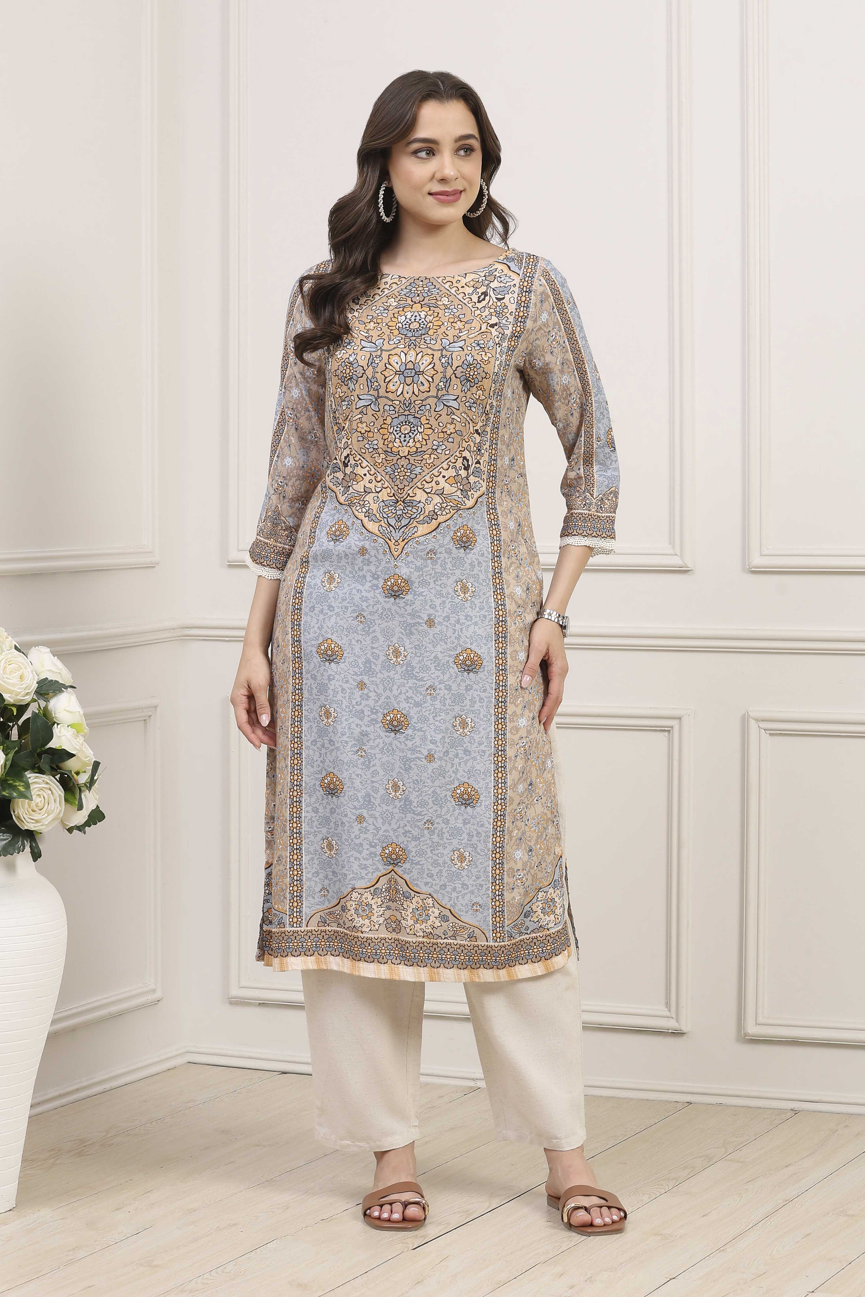 Beige Viscose Straight Kurta image number 5
