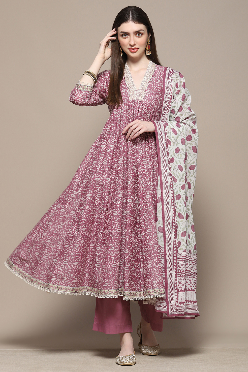 Pink Cotton Anarkali Suit Set image number 7