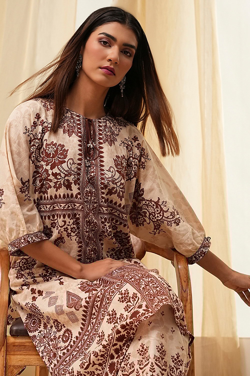 Beige and Brown Pure Cotton Printed Kurta Set image number 0