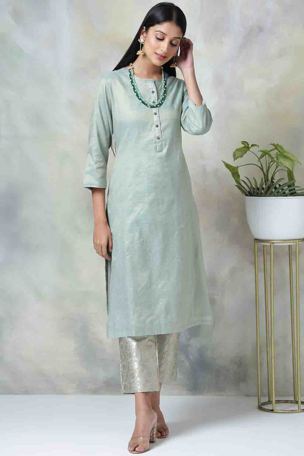 Sage Green Metallic Cotton Kurta Pants Set image number 0