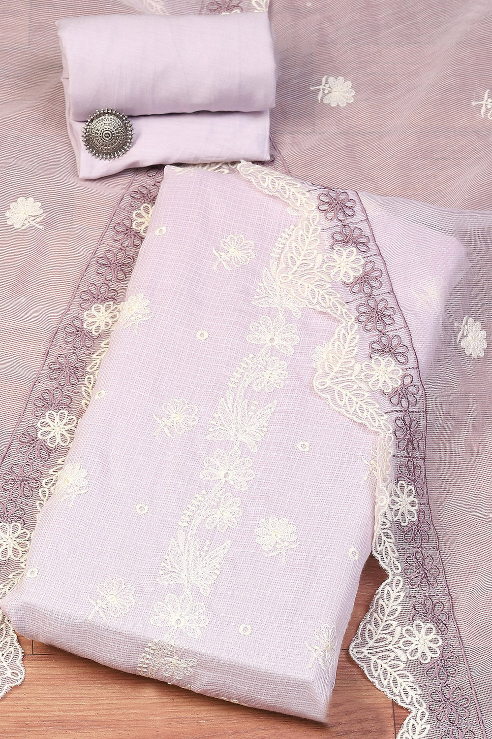 Lavendar Cotton Blend Printed Unstitched Suit Set image number 0