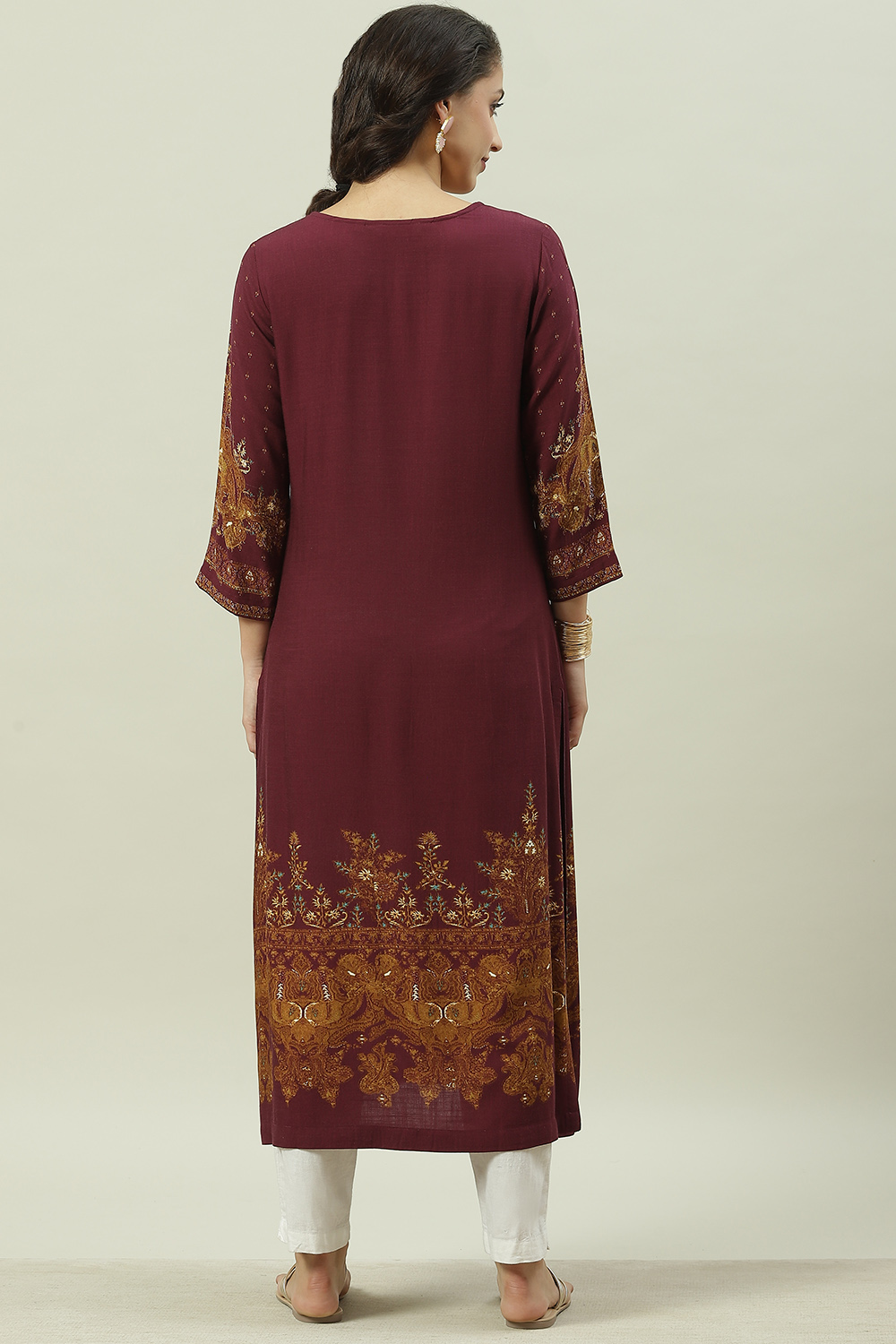 Wine LIVA Straight Printed Kurta image number 4