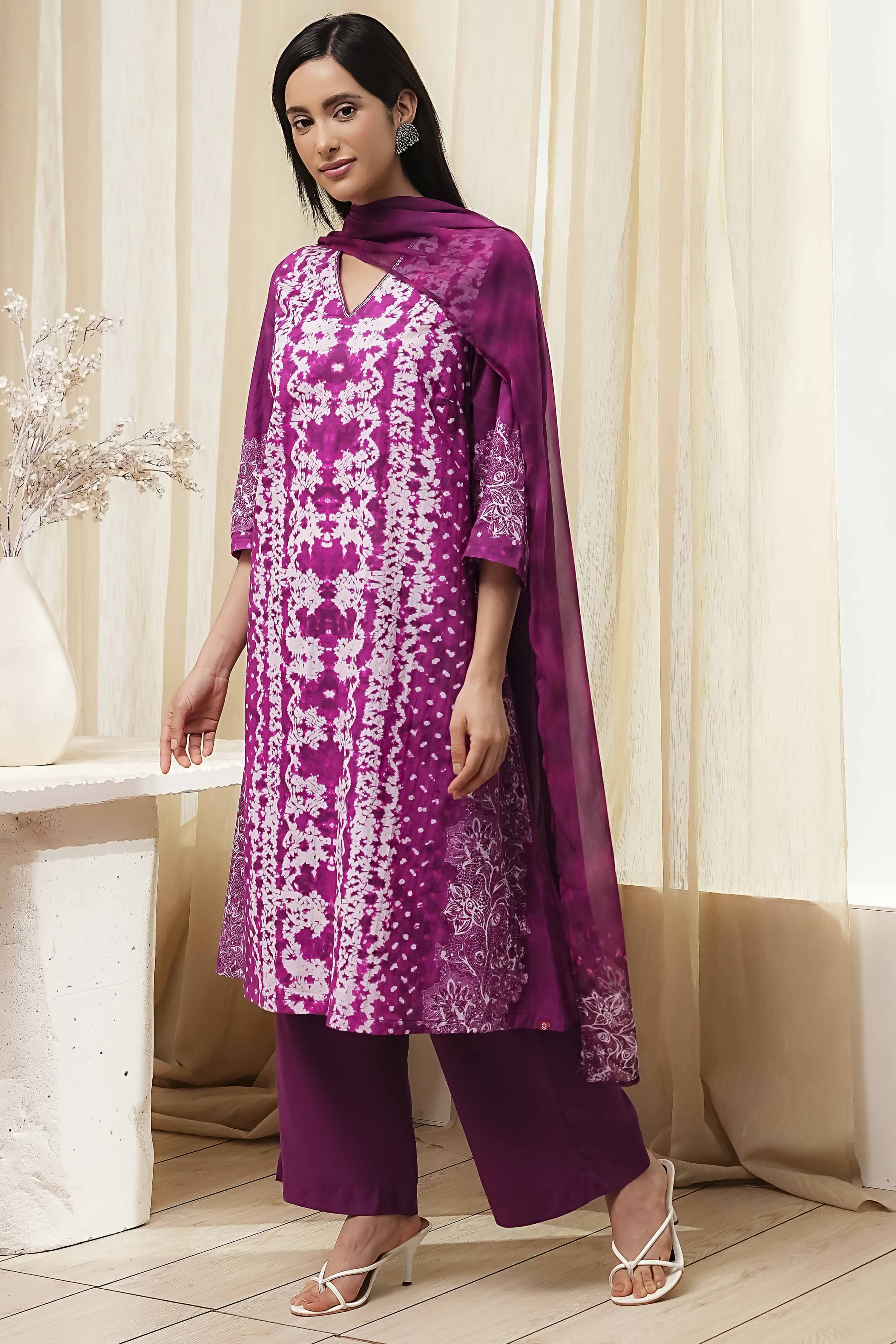 Berry Purple Cotton Straight Suit Set image number 3